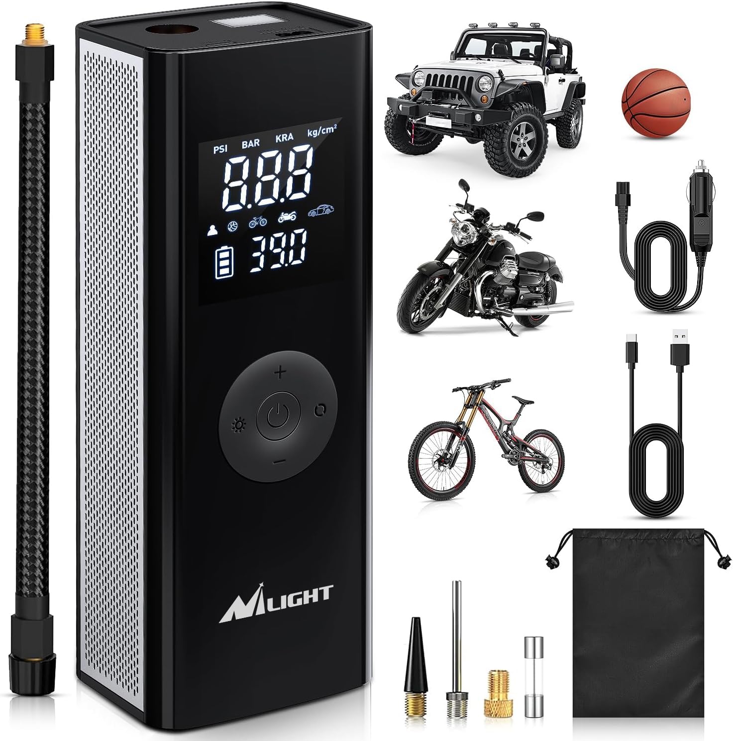 Nilight Tire Inflator Portable Air Compressor Battery Powered Rechargeable 12Vdc 150Psi Cordless Tire Pump W/Digital Pressure Ga