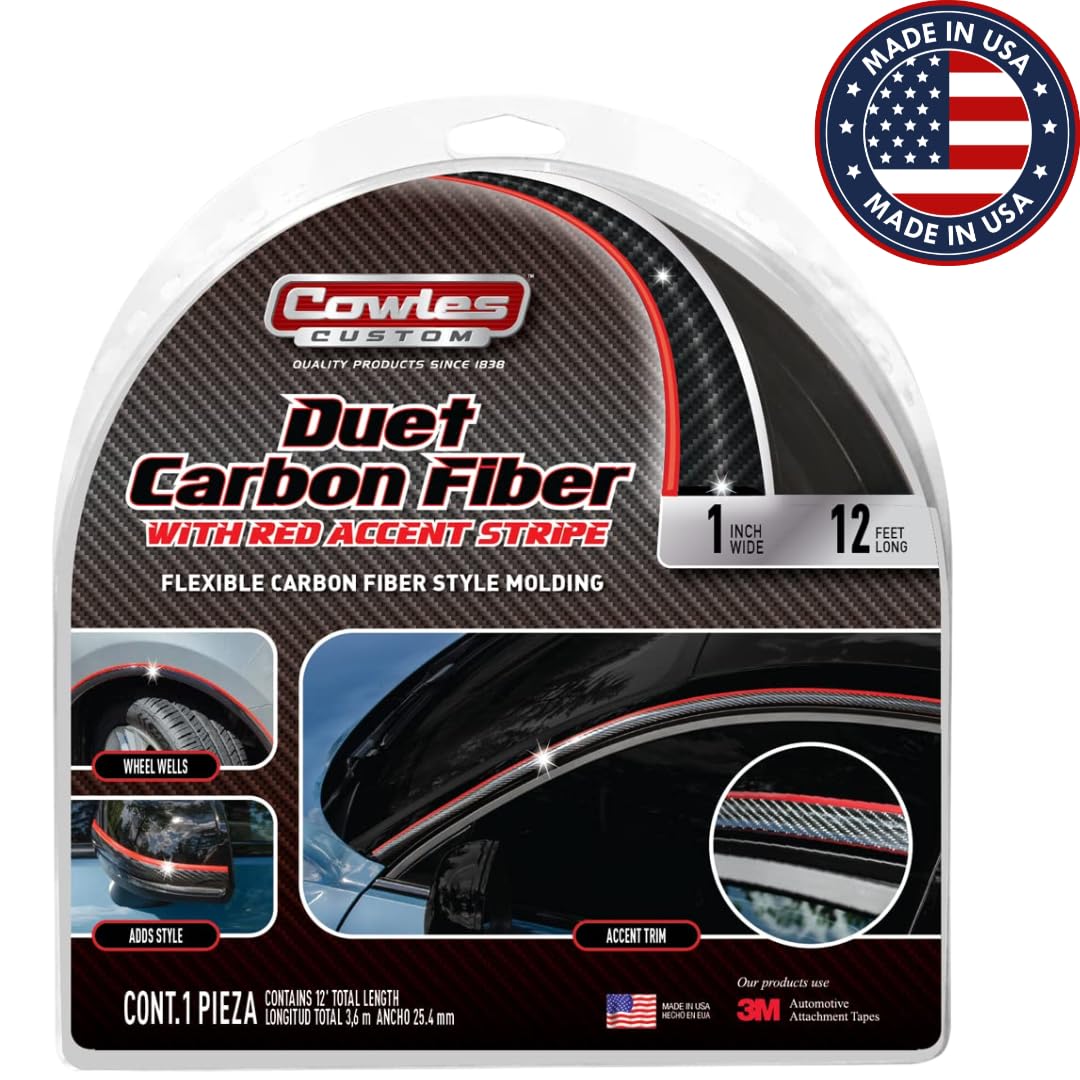 Cowles Custom - 12 Ft Of Carbon Fiber Style With Red Accent Molding - 1 In Wide Pvc Molding Car/Truck/Suv/Rv Universal Fit Exter