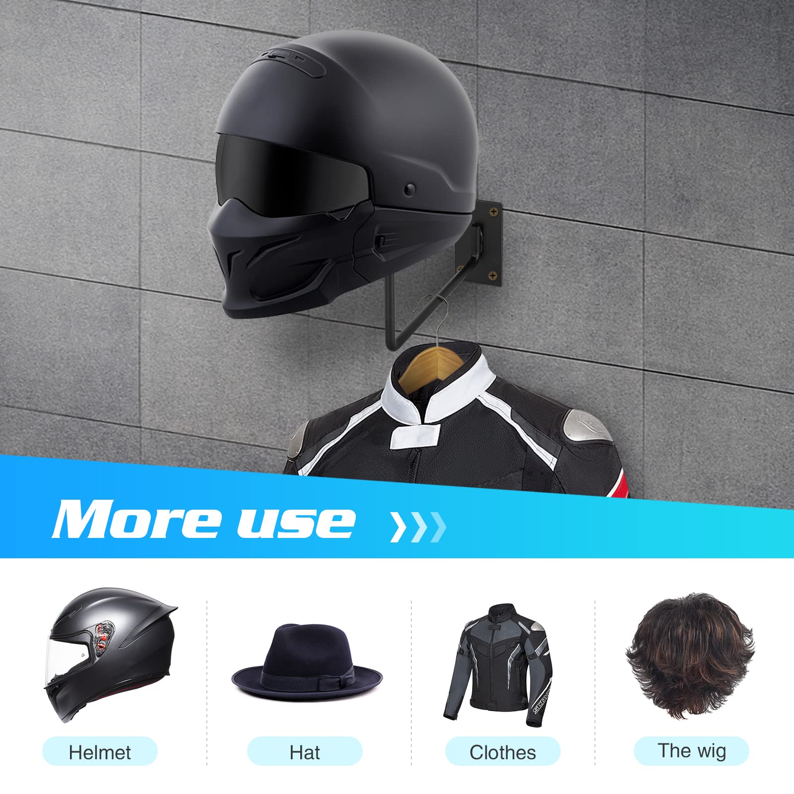 Mannifen Pei Motorcycle Accessories Helmet Holder Jacket Hanger Wall Mounted Multifunctional Rack (Black 6Pc)