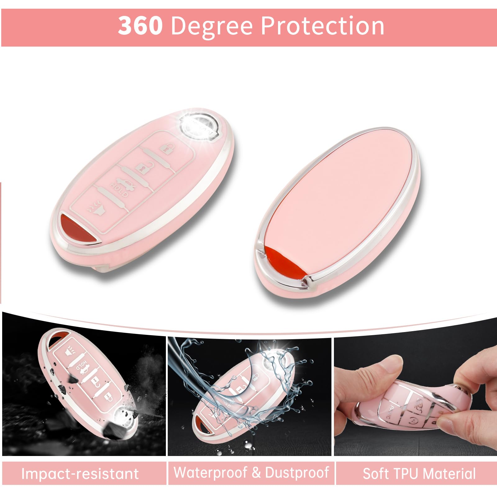 Pangpai Pink Car Accessories 3 Pcs for 4 Buttons Nissan Key Fob Cover with Bling Keychain Cute Push to Start Button Cover