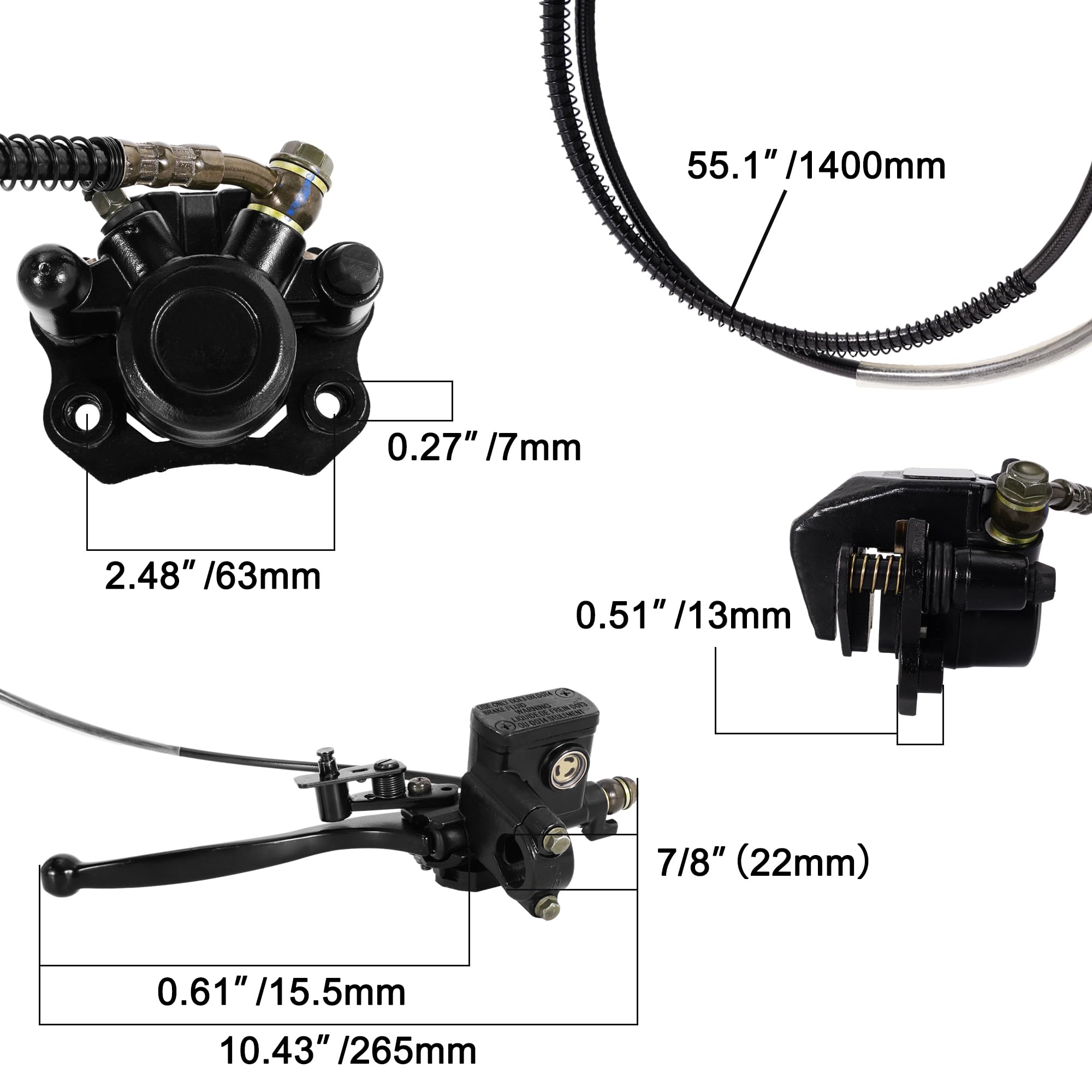 RUTU Brake Master Cylinder Caliper Left Hand Rear Mini Bike Brake Kit, 53'' Brake Hose Brake Pads 160mm Disc Brake, Compatible w