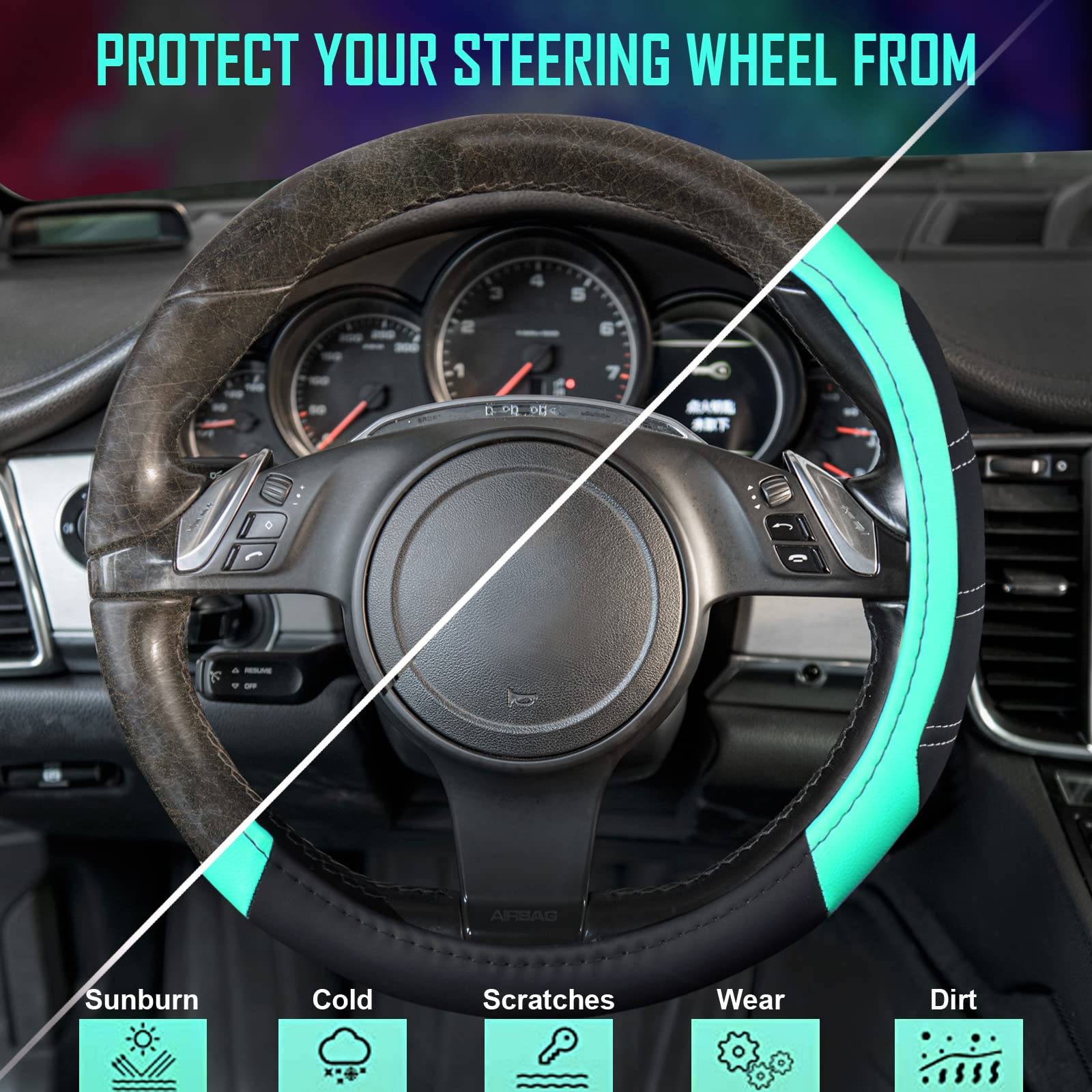 Car Pass Line Rider Microfiber Leather Sporty Steering Wheel Cover Universal Fits For 95% Truck,Suv,Cars, 14.5-15 Inch Anti-Slip