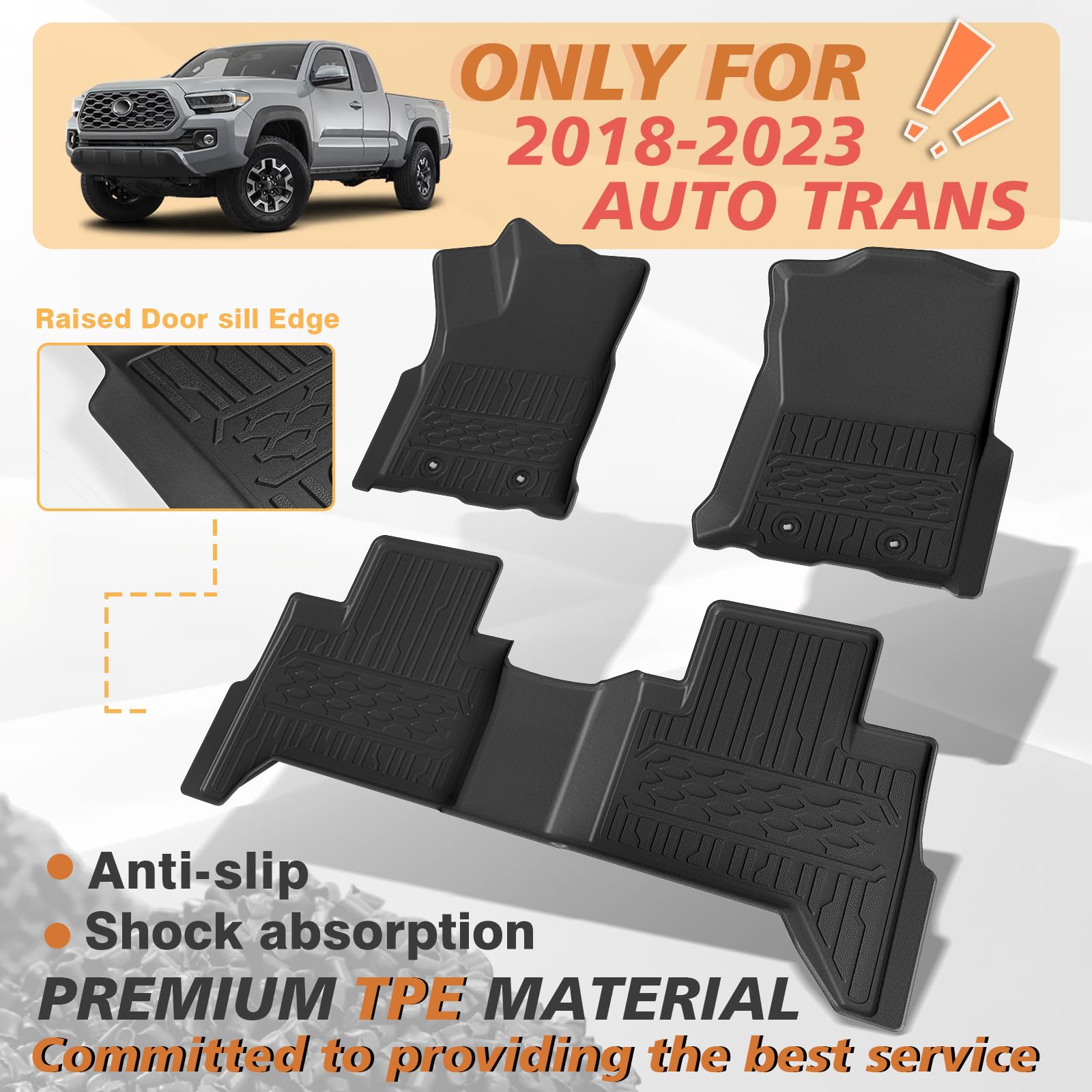 Triplealiners Floor Mats All Weather Compatible With 2018-2023 Toyota Tacoma Accessories Double Cab Front & Rear Custom Fit Tpe