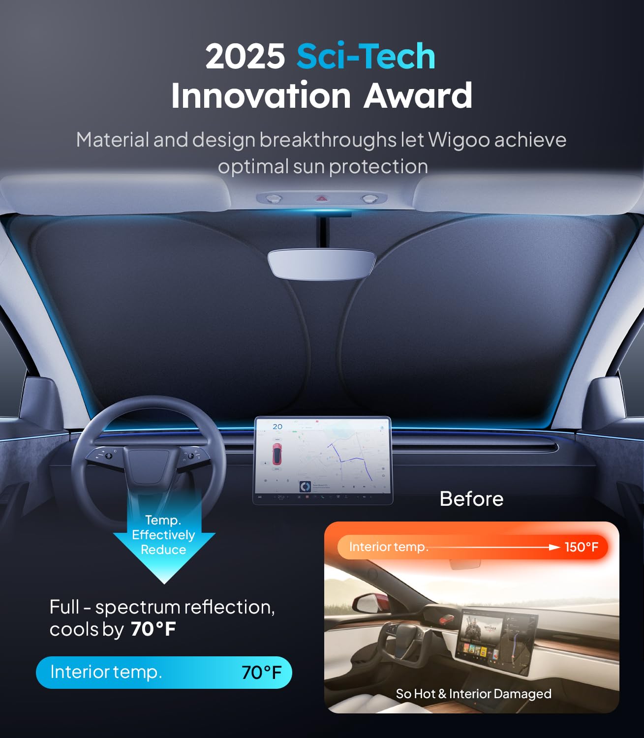 Wigoo 2025 Upgraded Accessories Tesla Model 3 Windshield Sunshade [Oem Design, 100% Sun Blockage] Foldable Heat Insulation Sun S