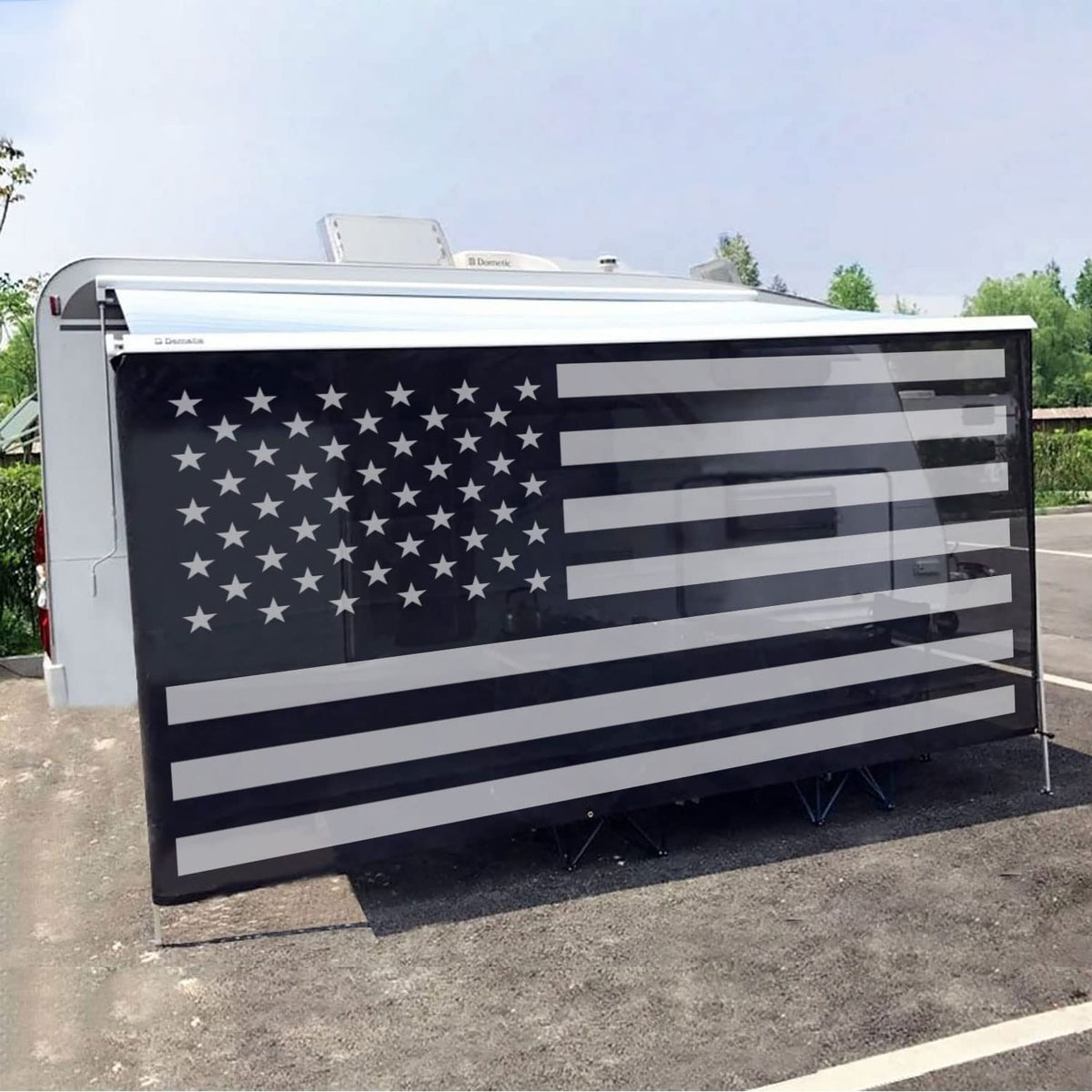 Tentproinc Rv Awning Sun Shade Screen 7' X 18' 3'' (American Flag) Black Mesh Sunshade Camper Trailer Awning Shade Screen Uv Blo
