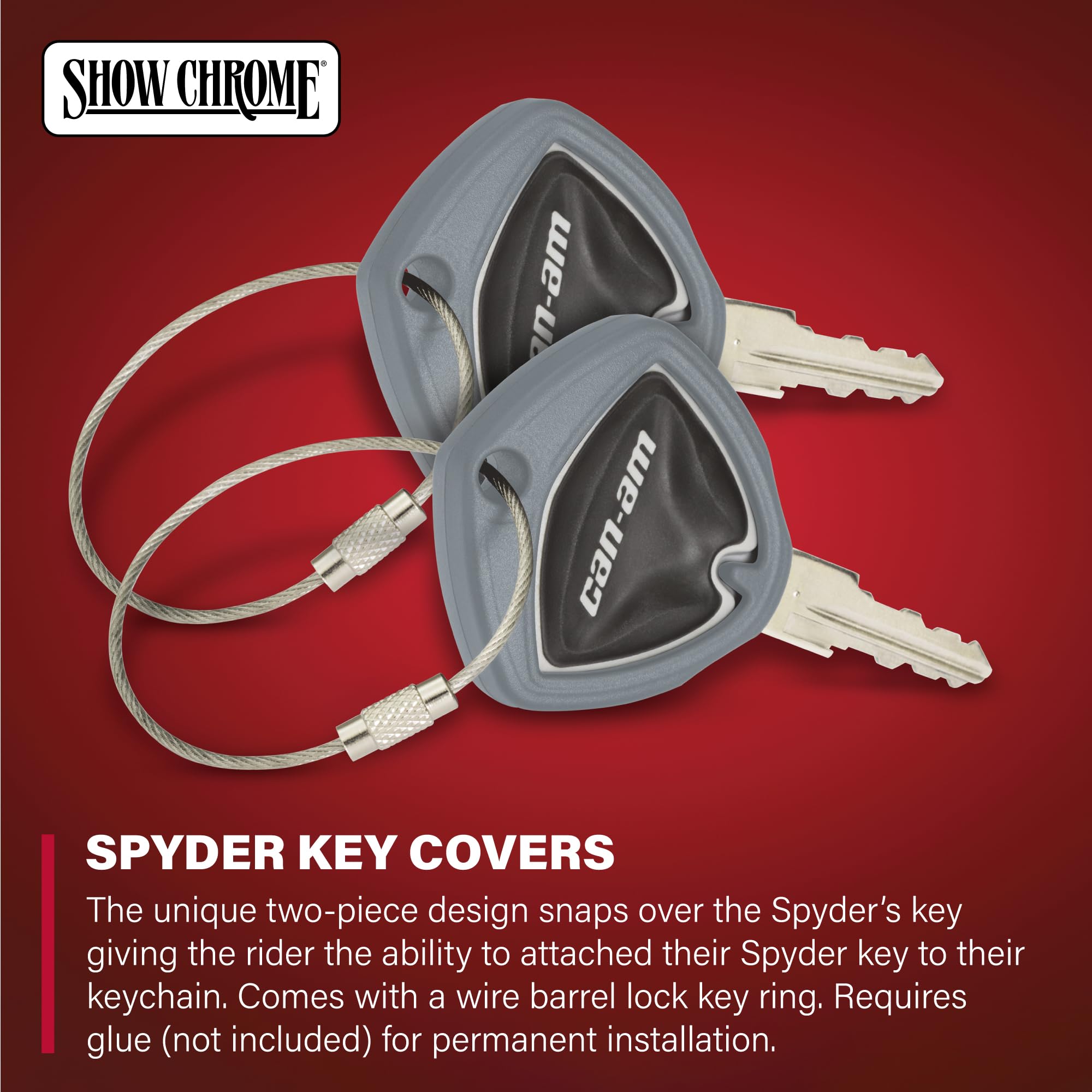 Show Chrome Grey Can-Am Spyder Key Covers, 2-Pack With Wire Barrel Lock Key Ring - Snaps Over Key, Adds Mounting Hole For Chains