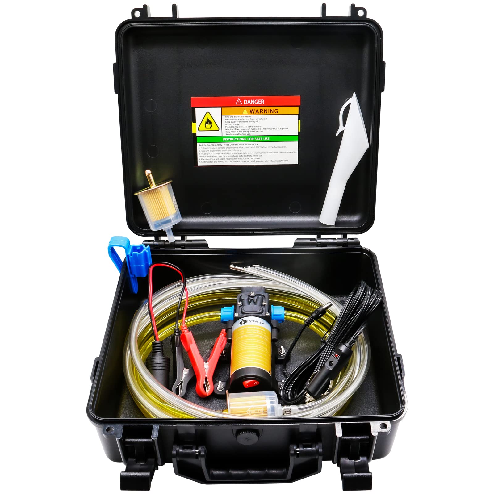 12V Fuel Transfer Pump Set, Moves Up To 85 Gallons Of Gas Or Diesel Per Hour With Upgraded Carrying Case & Pulley Lead Pipe, Gre