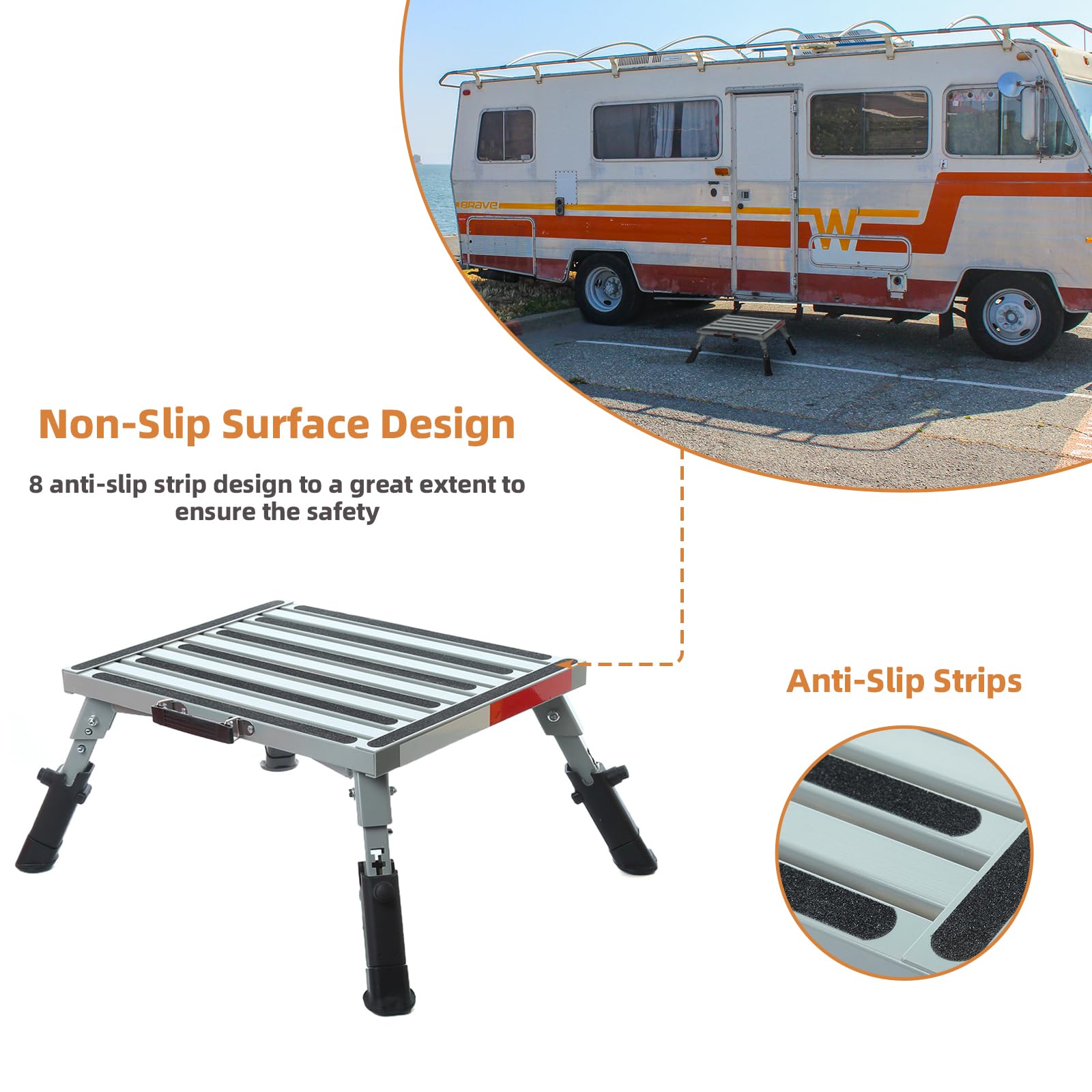 Homeon Wheels 19 X 14.5 Large Rv Step Stool, 1,500Lbs Adjustable Height Aluminum Folding Platform Step Sheath Non-Slip Rubber Feet, Reflective Stripe, Handle, Rv T Level Rv Steps