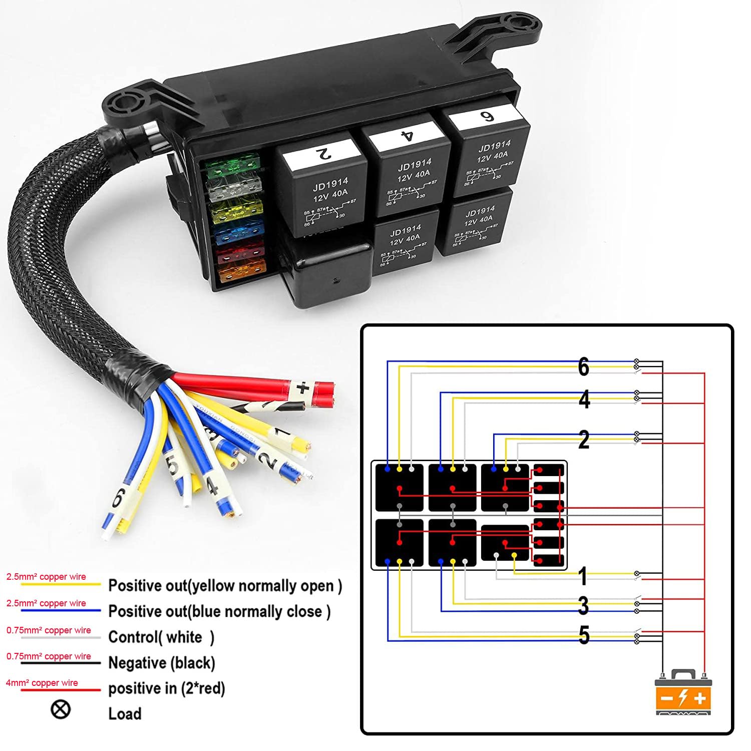 Gebildet 12V Fuse and Relay Box with 5pcs 5-Pin JD1914 40A Relay and 1pc 4-Pin Relay 6 ATC/ATO Blade Fuse, Universal Waterproof