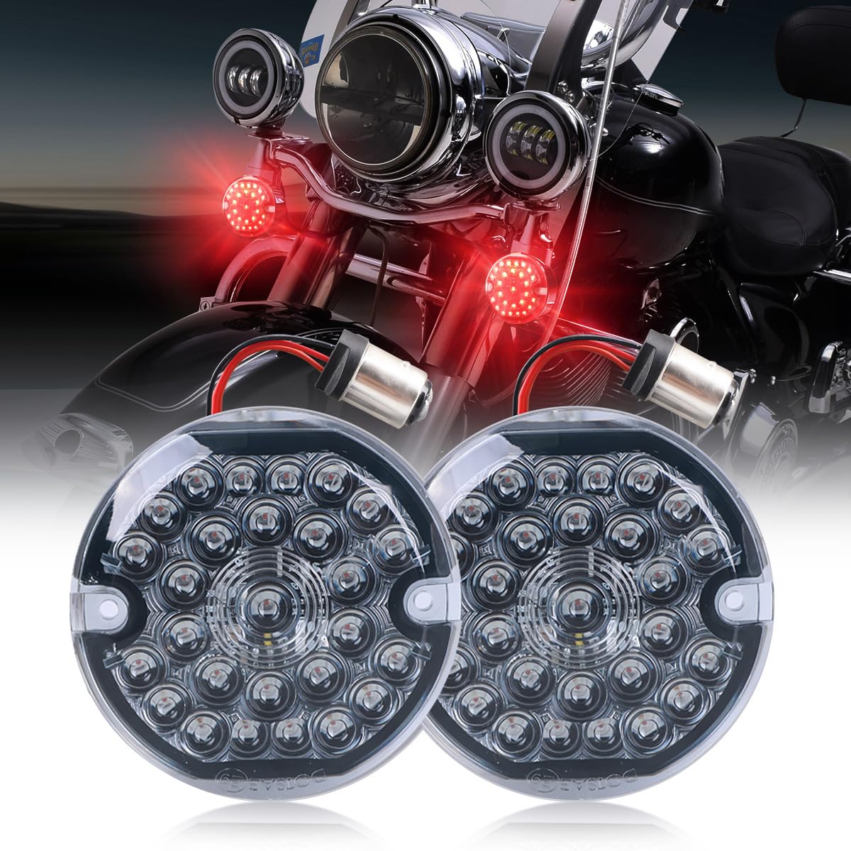 Audexen 3-1/4 Inch Led Turn Signal Kit 1157 Double Base Front Turn Signal + 1156 Single Connector Red Rear Signal Lights Compati