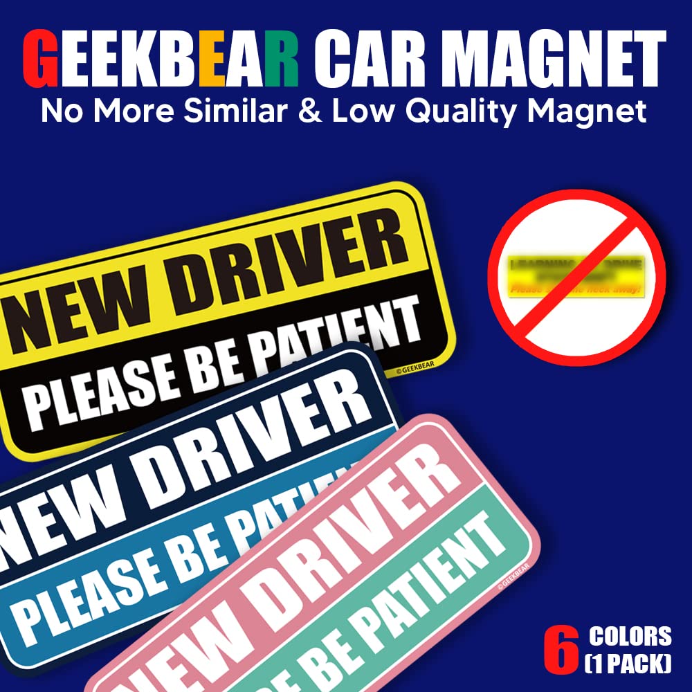 Geekbear New Driver Magnet For Car (Navy/Blue) - Student Driver Car Magnet - Rookie Or Novice Driver Magnet Reflective Bumper Safety Sign - Please Be Patient Warning Vehicle (1 Pack)