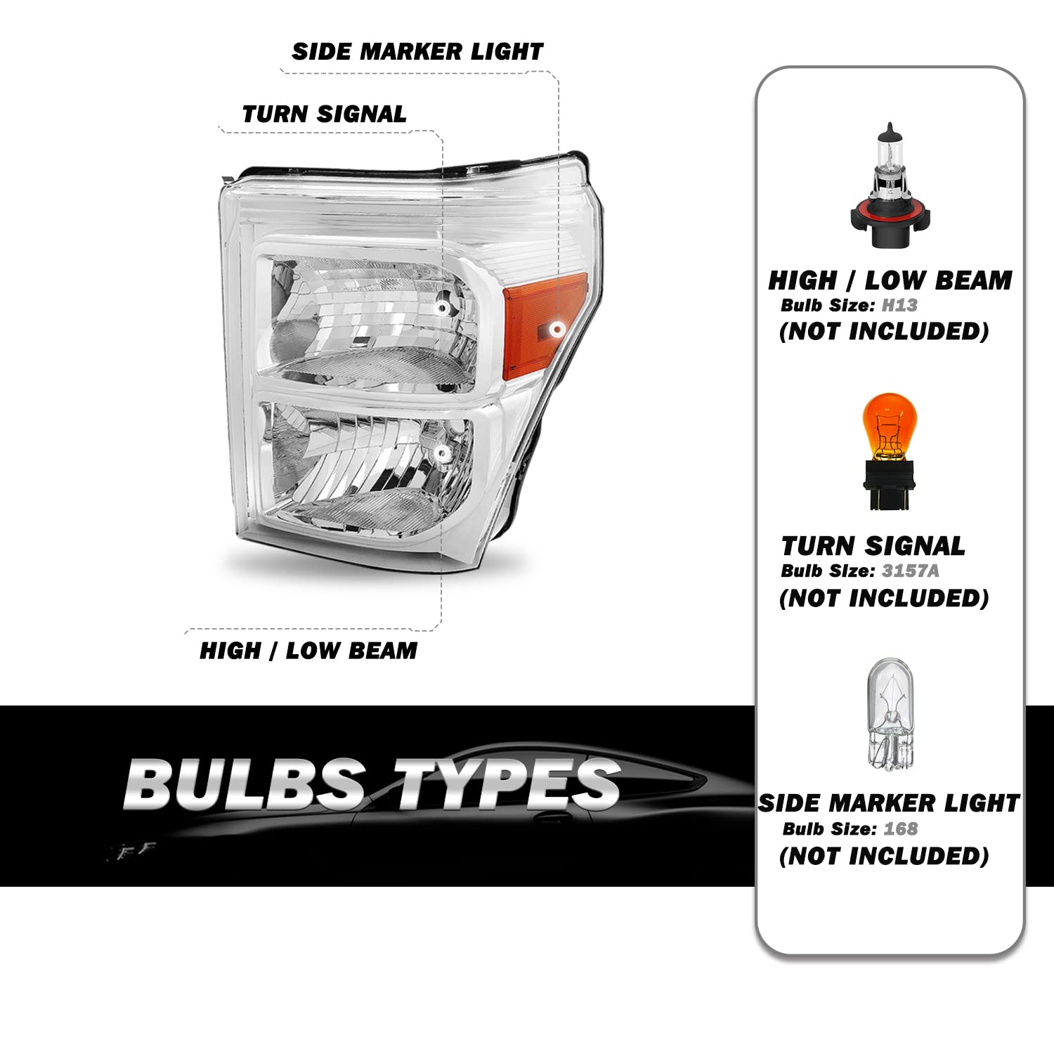 Sockir Headlight Assembly Set For 2011-2016 Ford F-250 F-350 F-450 F-550 Super Duty Passenger And Driver Side (Chrome Housing With Amber Reflector)