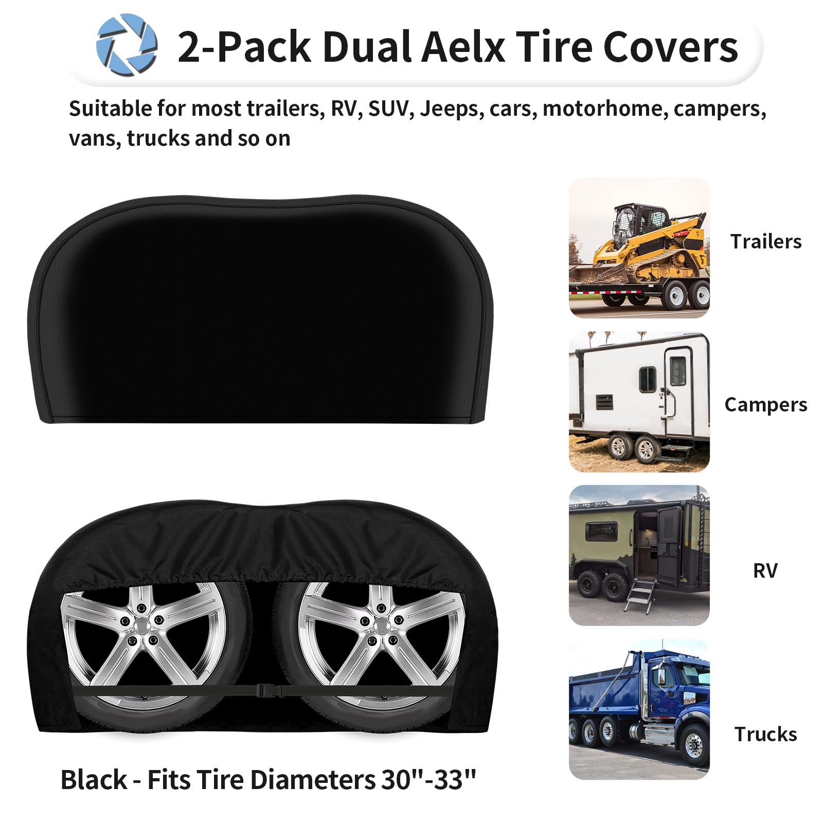 Outdoorlines Outdoor Waterproof Rv Tire Covers Dual Axle Cover - 2 Packs Rv Wheel Covers Fit 30''-33'' Diameter Double Wheels, A