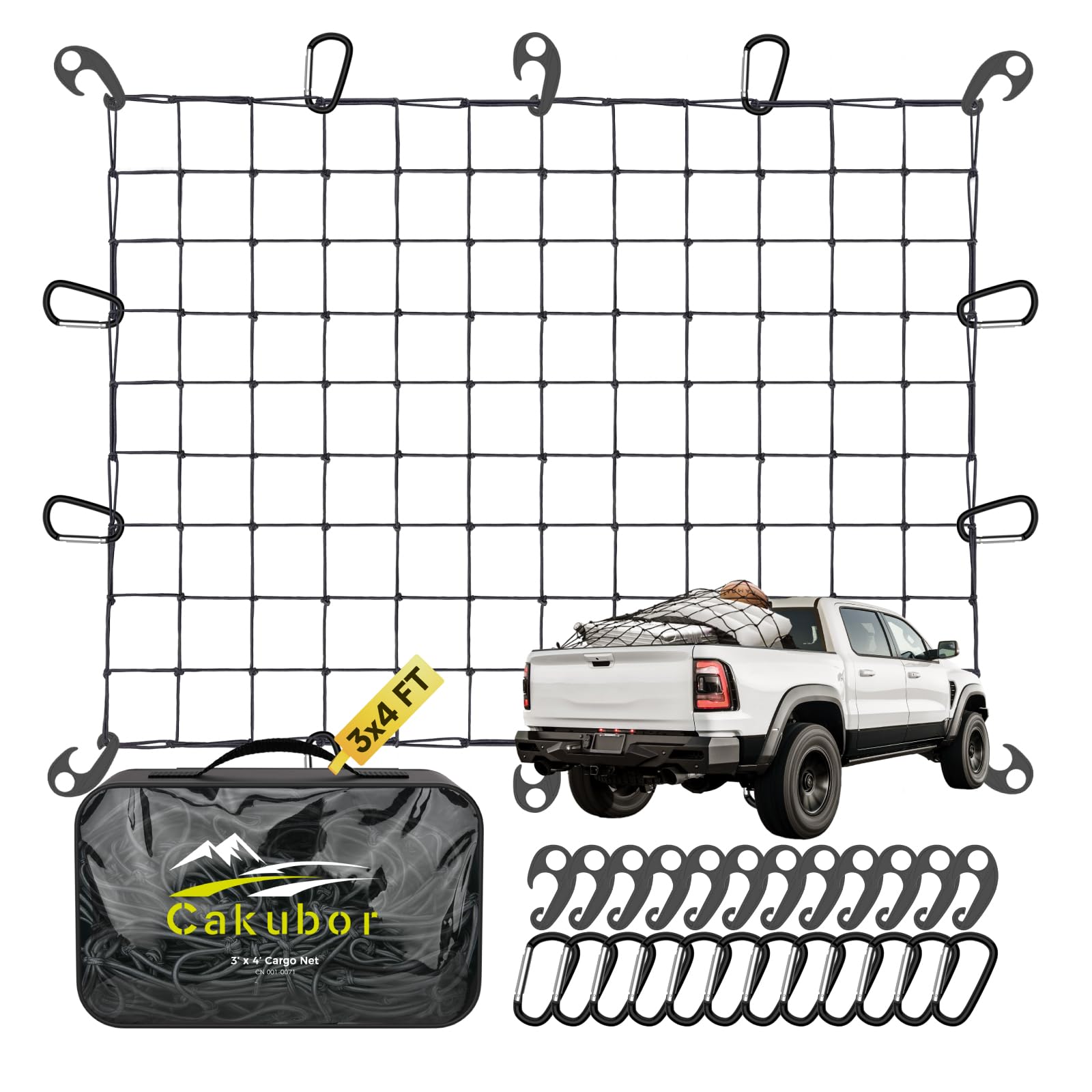 Cakubor Truck Bed Cargo Net, 3'X4' Stretches To 8'X10', For Pickup Truck Bed, 4''X4'' Mesh Super Duty Bungee Cargo Net With 24 P