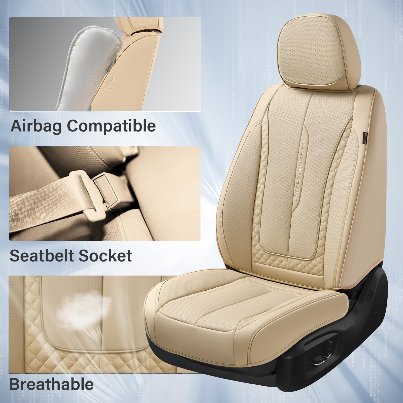 Coverado Car Seat Cover Full Set, Beige Seat Covers Front Seats Back Seat Covers, Nappa Leather Waterproof, Car Seat Cushion, Ca