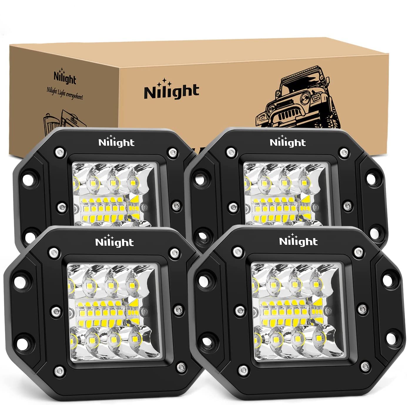 Nilight 4Pcs 42W Flush Mount Led Light Pods - Upgraded Spot Flood Combo Beam Driving, Work, Backup, Reverse, Grill Mount Light F