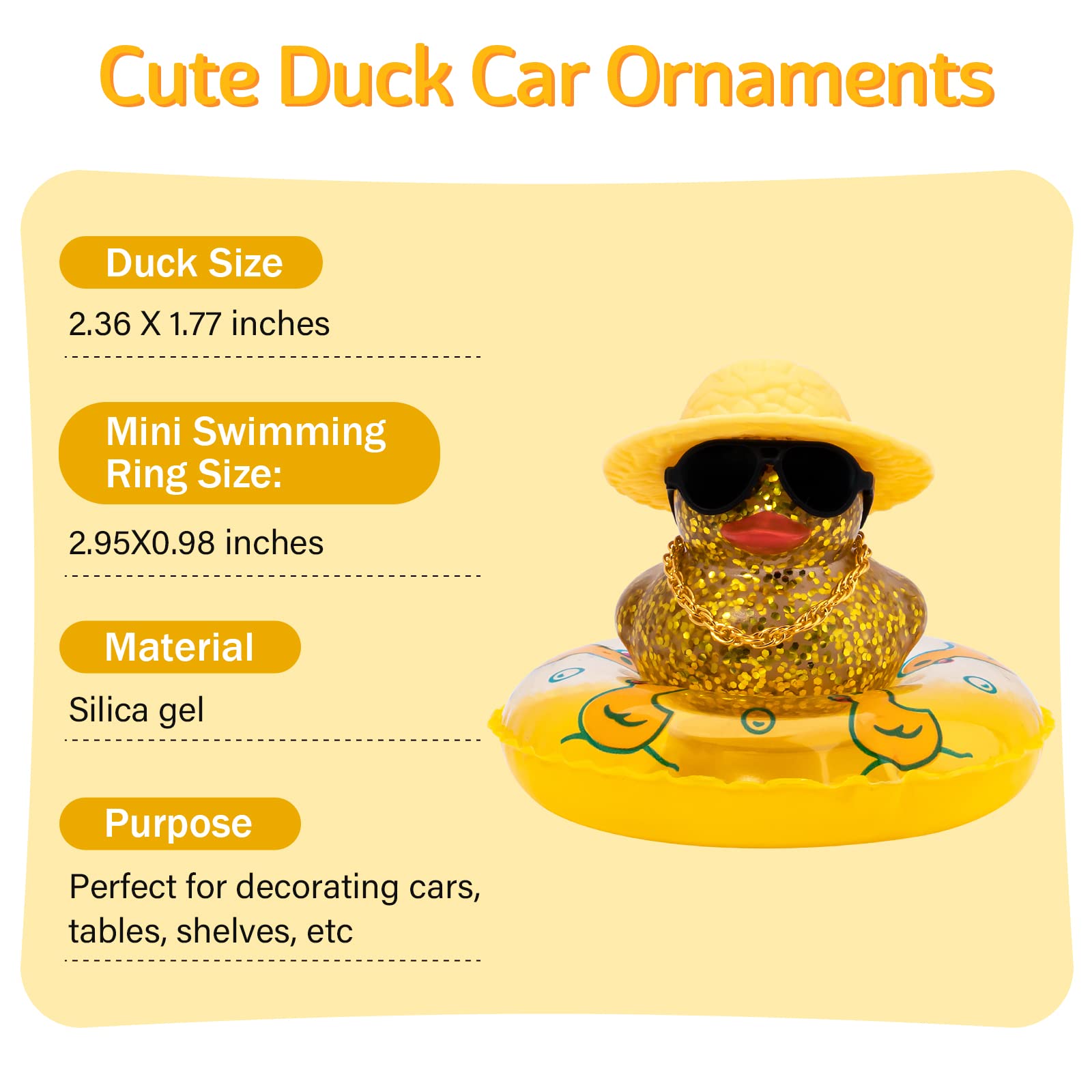 Wonuu Shining Rubber Ducks With Plastic Sunglasses Swim Ring Necklace Hat, Glittering Cute Car Accessories Decor Dashboard Decor