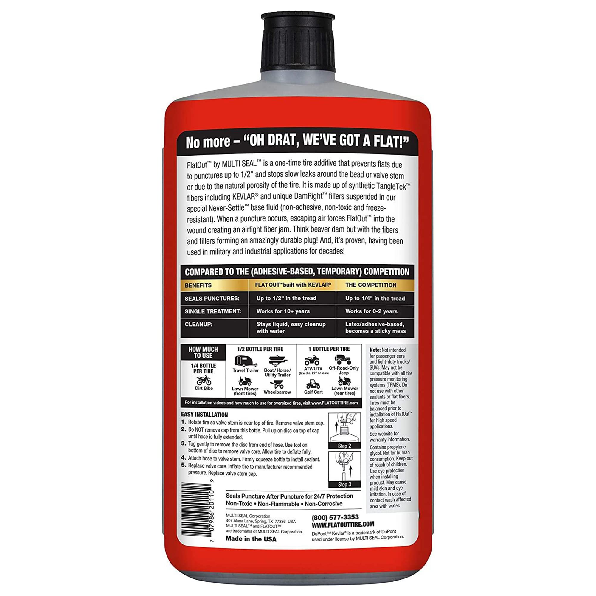 FlatOut Tire Sealant Sportsman Formula - 32 oz Bottle, Prevents Flat Tires, Seals Leaks, Contains Kevlar, 1-Pack