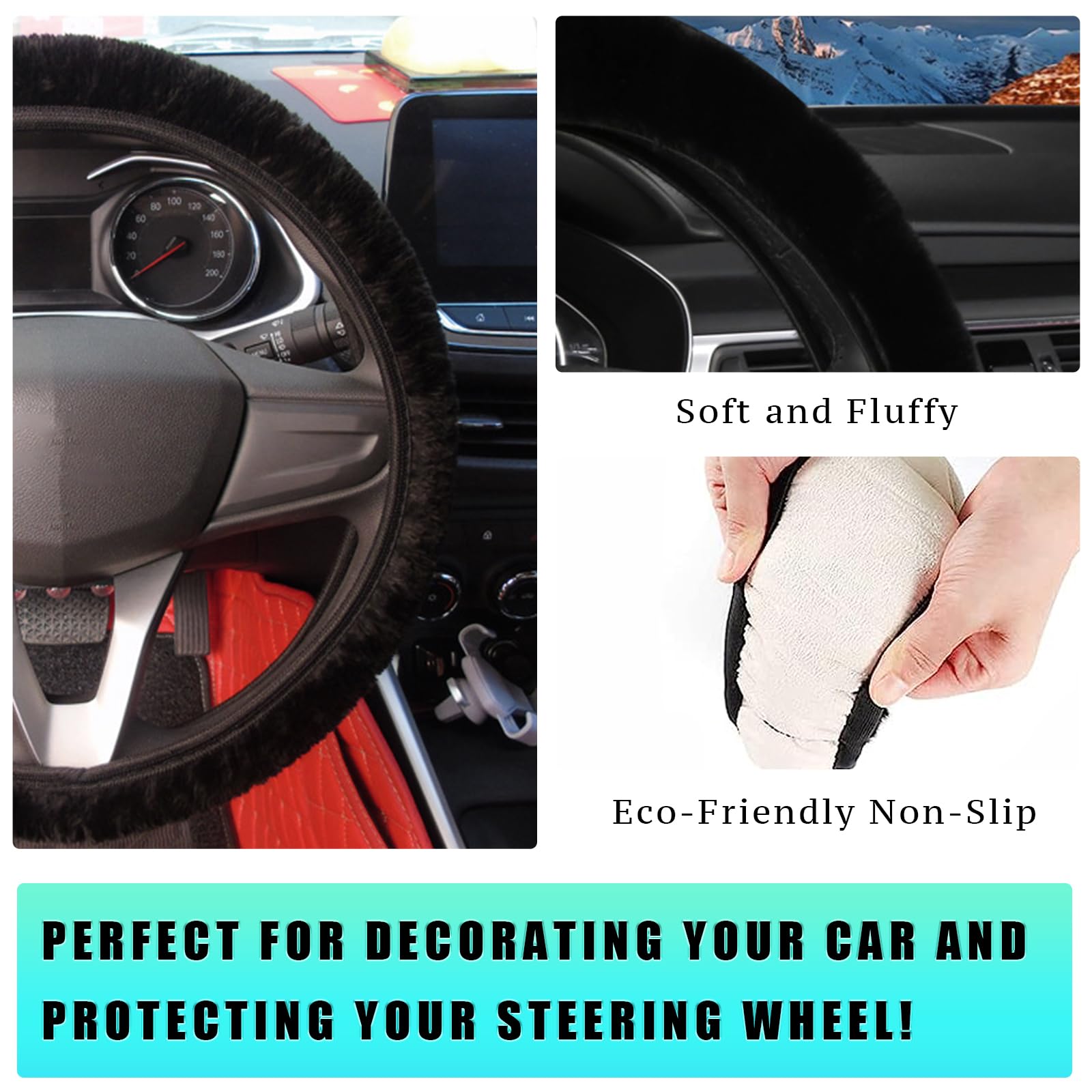 Ziciner Elastic Fuzzy Steering Wheel Cover, 15'' Soft Steering Wheel Protector For Warm Winter, Anti-Slip Fluffy Car Wheel Cover