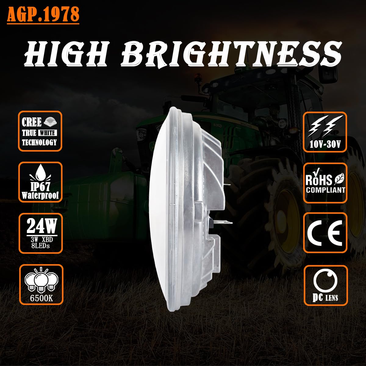 Agp.1978 Par36 24W Led Sealed Hi-Lo Led Work Light Tractor Led Bulb Re25126 Compatible With Tractor John Deere 9200 Re Ar48723, Ar85263,Ar85264,Ar93335,Re10962,Re10963,Re19081,Re19082,Re25126