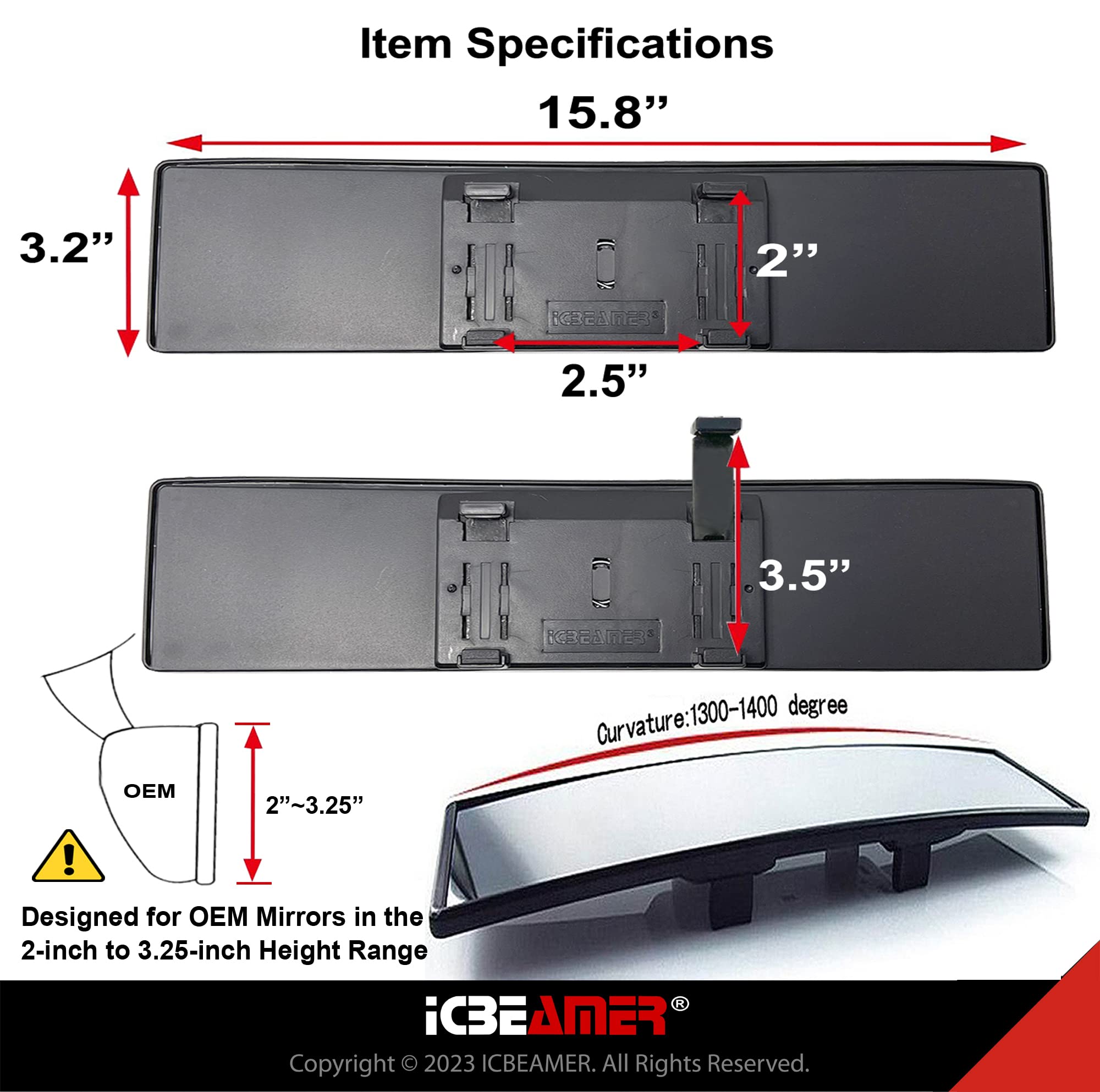 Icbeamer 15.8'' Car Rear View Mirror, Clear Convex Surface, 400Mm Panoramic Wide Angle Blindspot Mirror For Car Accessories,Rubb