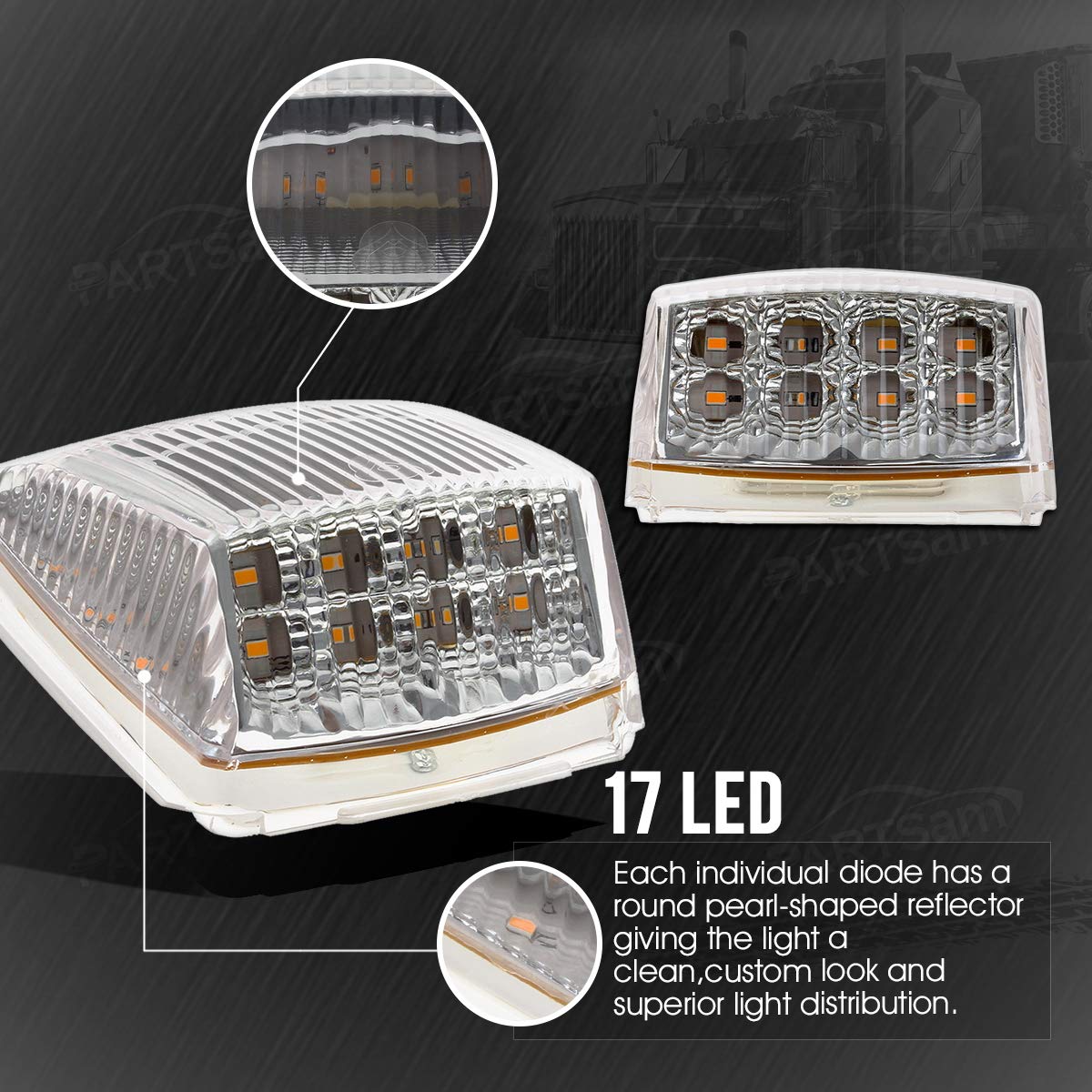 Partsam 5Pcs 17 Led Clear Lens 5 * 3.75'' Amber Cab Marker Top Roof Running Truck Cab Light Waterproof Top Reflective Lights Com