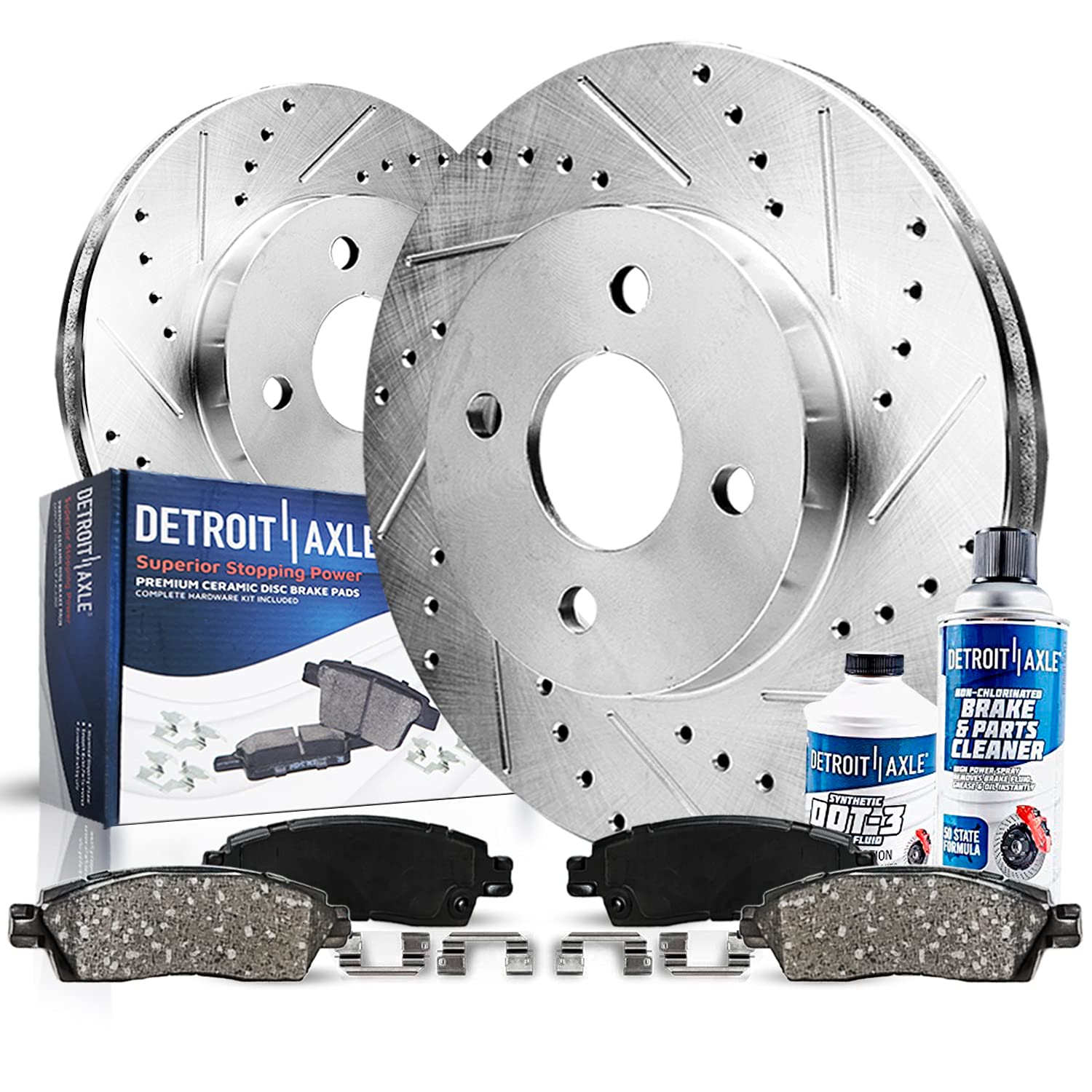 Detroit Axle - 4 Lugs Front Brake Kit for 2002-2005 Hyundai Elantra Drilled & Slotted Brake Rotors and Ceramic Brakes Pads 2003 