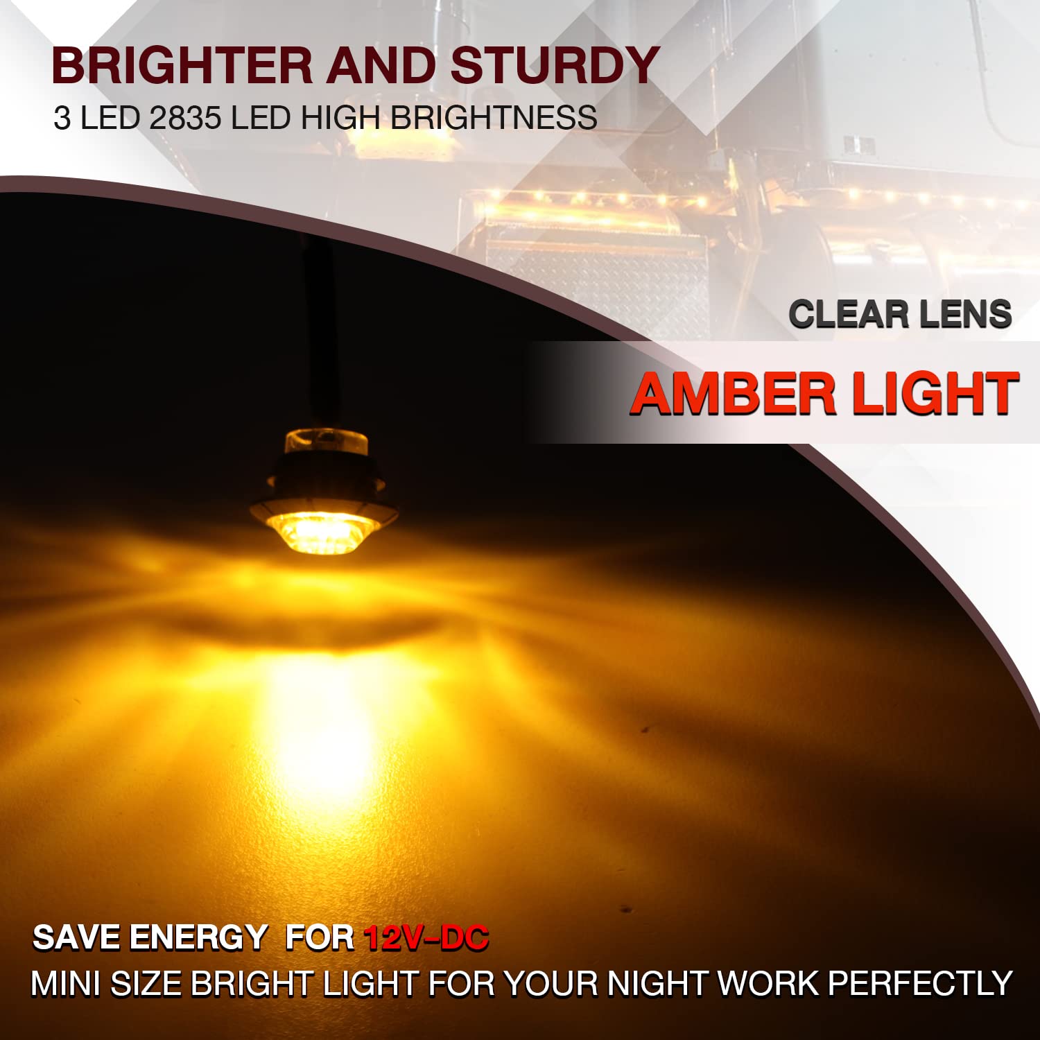 Tmh 3/4 Inch Clear Lens Amber 3 Led Clearance Side Marker Indicator Lights Round Mini Lamp With Rubber 12V Dc For Truck Lorry To