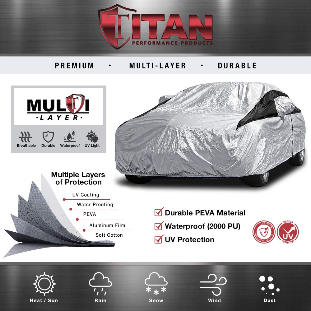 Titan Premium Multi-Layer Peva Car Cover For Sedans 186-202''. Waterproof, Uv Protection, Anti-Scratch Protective Lining, Driver
