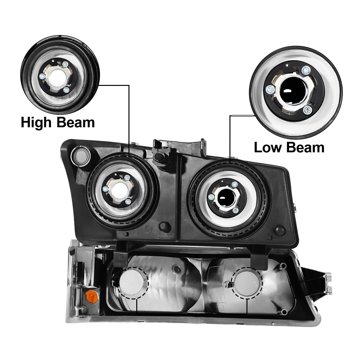 Chrome Housing Amber Headlights Assembly + Rear Tail Lights Combo Compatible With 2003-2006 Chevy Silverado 1500 2500 3500 1500