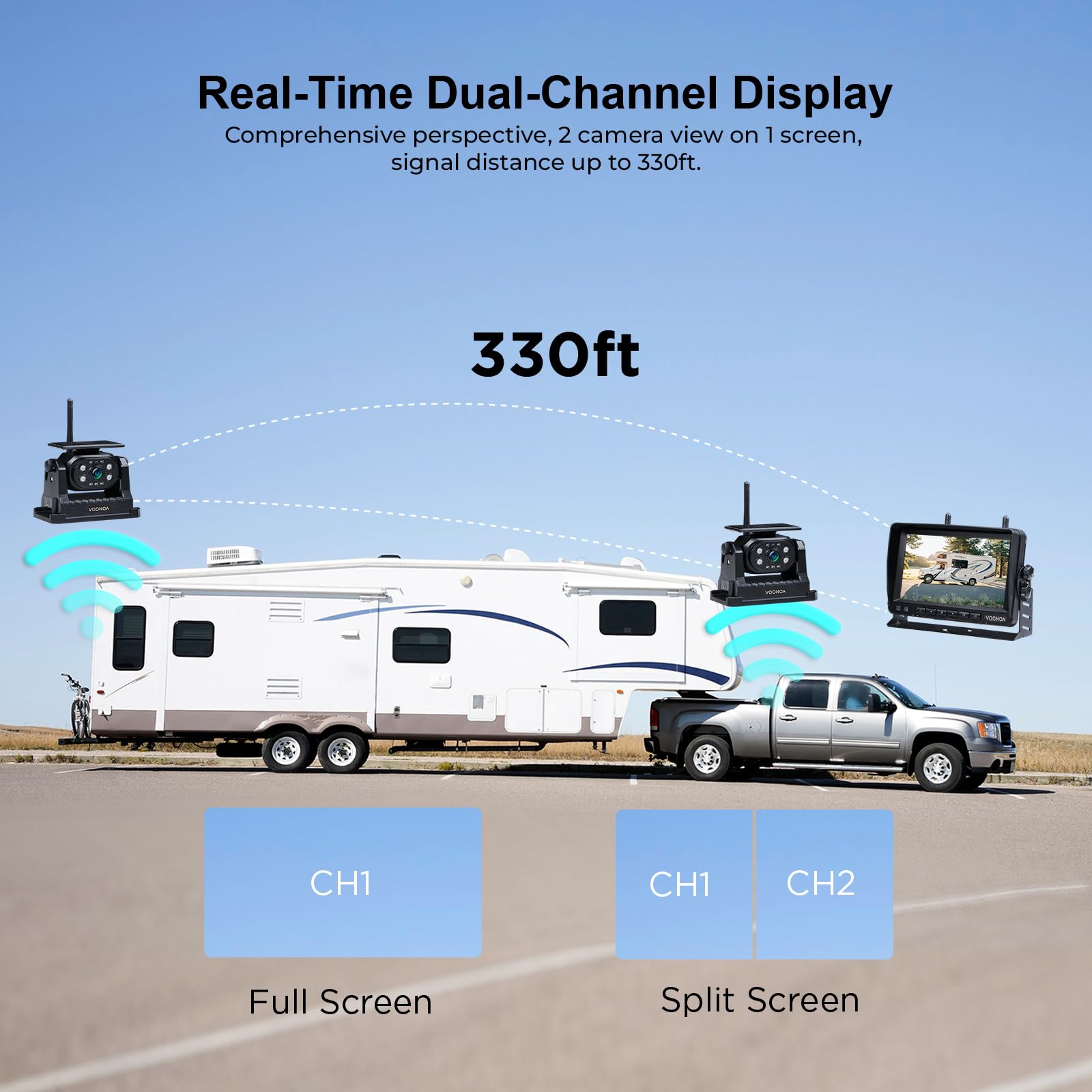 Voonoa 2 Magnetic Solar Wireless Backup Camera With 7'' Hd 1080P Dvr Monitor System, 9600Mah Rechargeable Waterproof Dual Revers