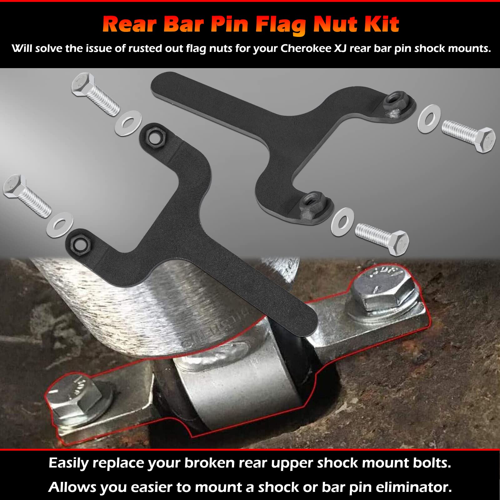 Rear Bar Pin Flag Nut Kits For Jeep - Fix Rear Upper Shock Mount, Suitable For 1984-2001 Cherokee Xj-1082 4Wd 2Wd (Black, 2-Set)