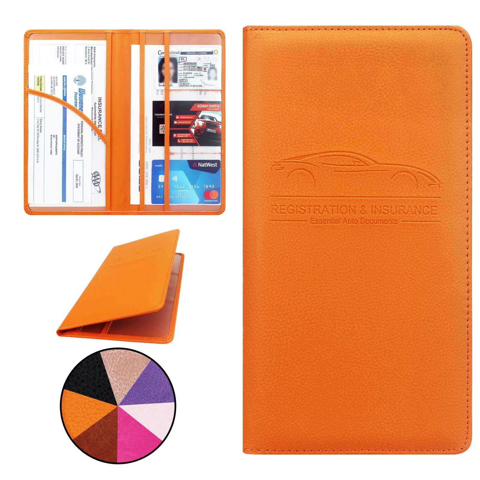Miunice Car Registration And Insurance Holder, Premium Pu Leather Vehicle Glove Box Organizer, Prefect Car Essentials Wallet For Driver License, Cards & Essential Documents (L-Orange)