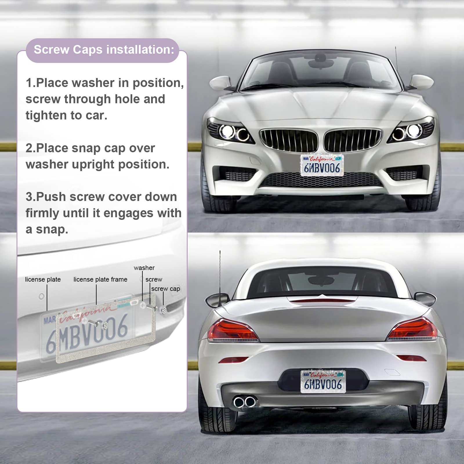 Quanqiufei 2 Pack Bling License Plate Frames For Women, Sparkly Rhinestone Diamond Car Accessories For Women, Handcrafted Stainl