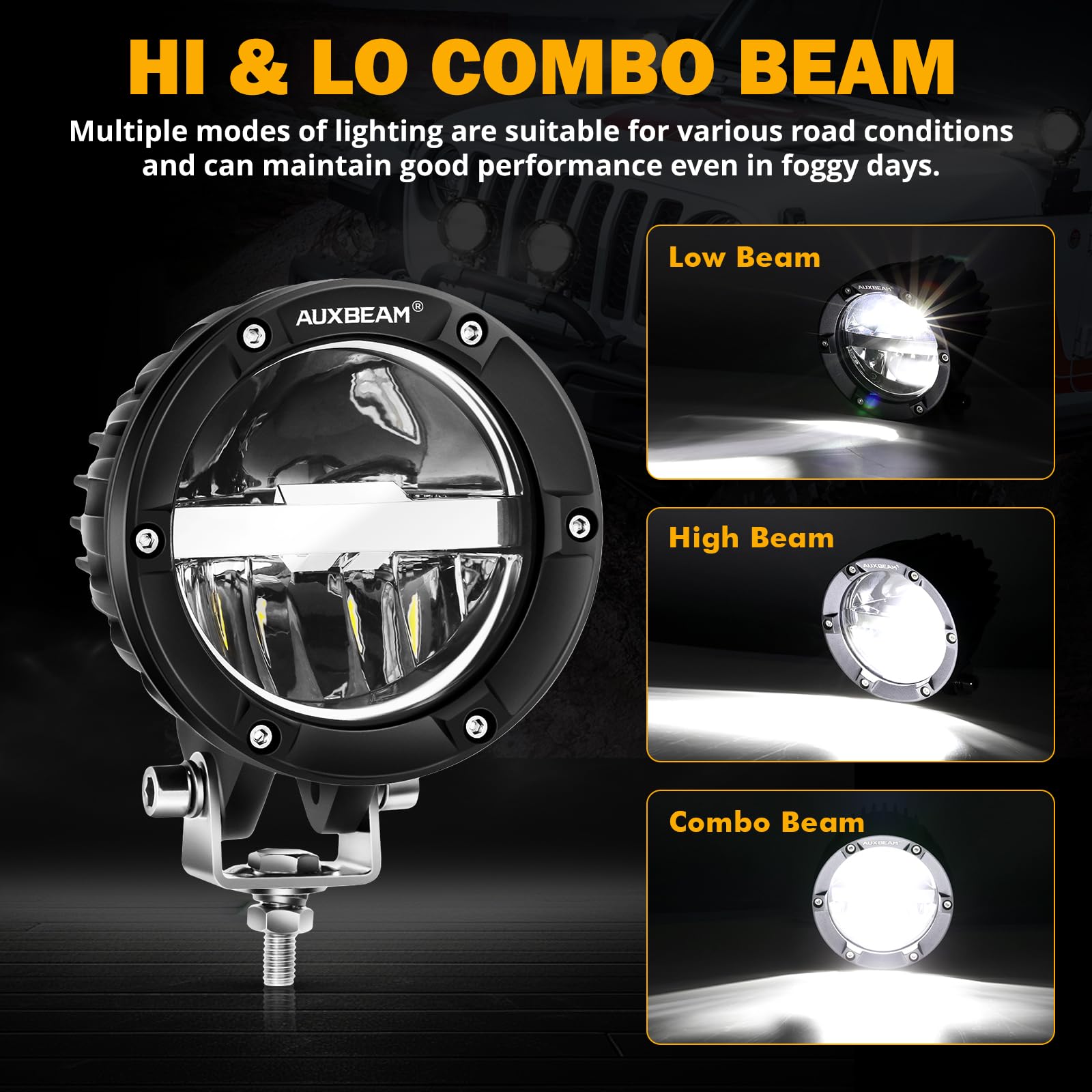 Auxbeam 4 Inch 100W Round Offroad Lights, Led Driving Light Pods With Hi/Lo/Combo Beam Design, 10000Lm Super Bright Work Fog Lig