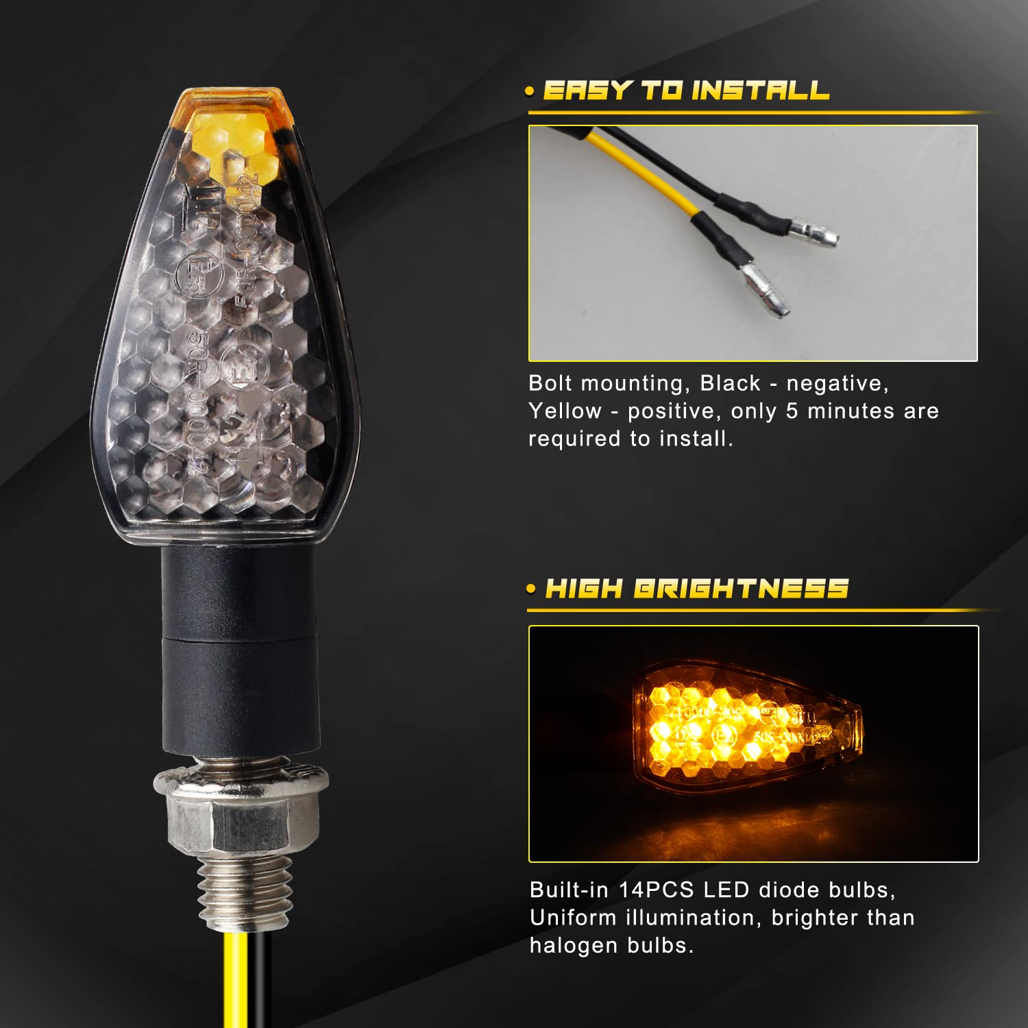 NTHREEAUTO 4PCS Motorcycle Turn Signals Mini Stalk Arrow Indicators LED Front Rear Amber Blinker Universal Compatible with Honda