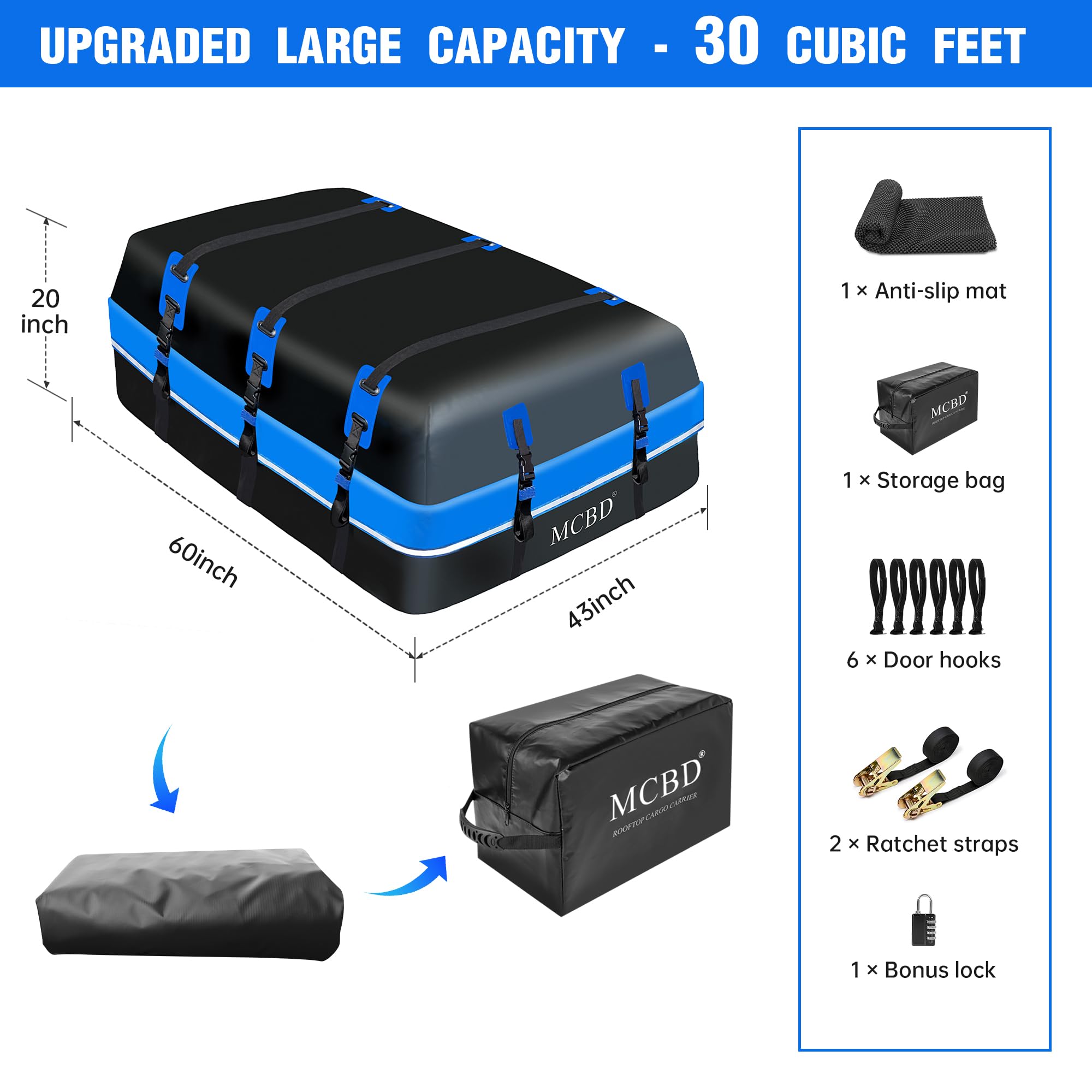 30 Cubic Feet Rooftop Cargo Carrier Bag, Waterproof Soft-Shell Car Roof Bag for All Vehicles SUV with/Without Rack, Car Top Lugg
