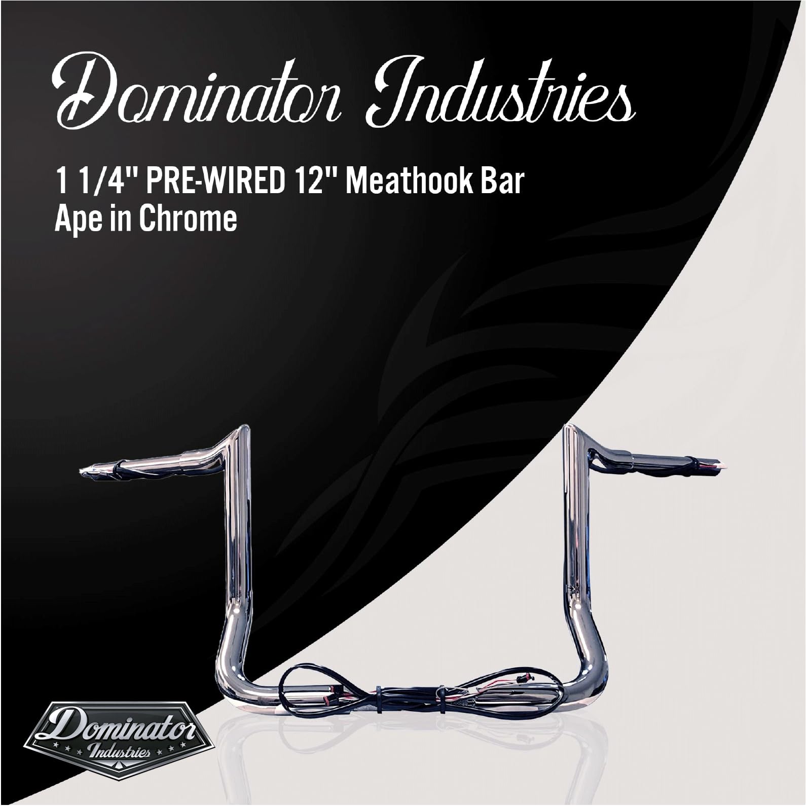 Dominator Industries 1 1/4' Pre-Wired 12' Meathook Bar Ape Hanger Handlebar Compatible With 2014-2023 Harley-Davidson Bagger Touring Electra, Street Glide, Special, Ultra Limited, Low (Chrome)