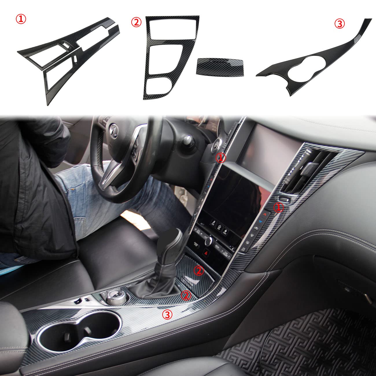 Carbon Fiber Center Console Dashboard Air Vent Gear Cup Holder Panel Cover Trim For Infiniti Q50 2014-2023 Q60 2017-2022