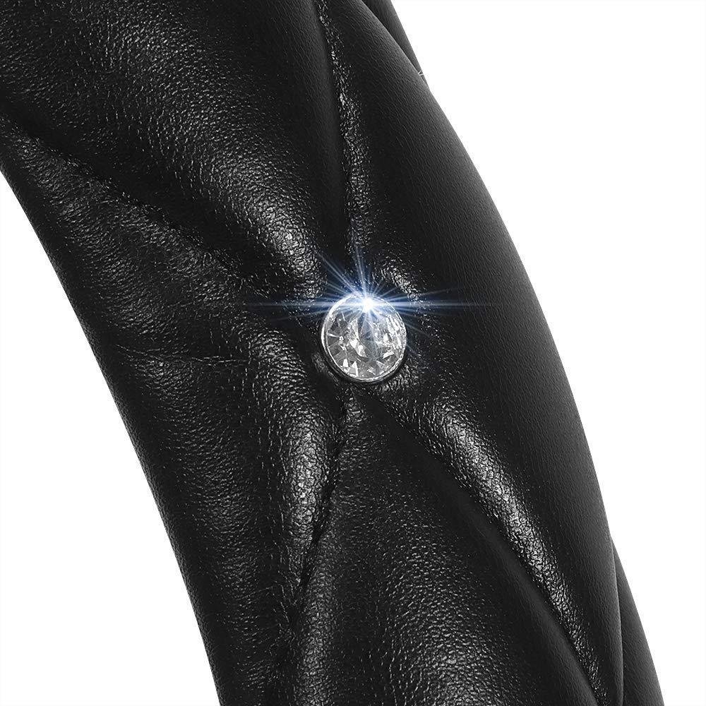 Yogurtck Diamond Soft Leather Anti-Slip Steering Wheel Cover With Bling Bling Crystal Rhinestones, Universal 15 Inch For Women Girls, Fit Vehicles, Sedans, Suvs, Vans, Trucks - Black