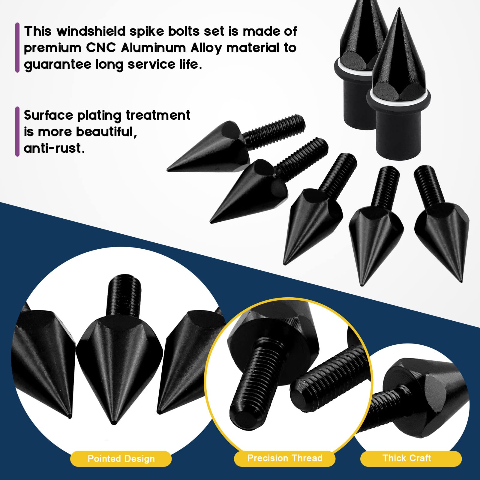 Swpeet 15Pcs Windshield Screws Aluminum Spike Motorcycle Windscreen Bolts Kit, Motorcycle Spike Bolt Screw Short Impaler Compatible With Most Motorcycle Modification Accessorie (Black)