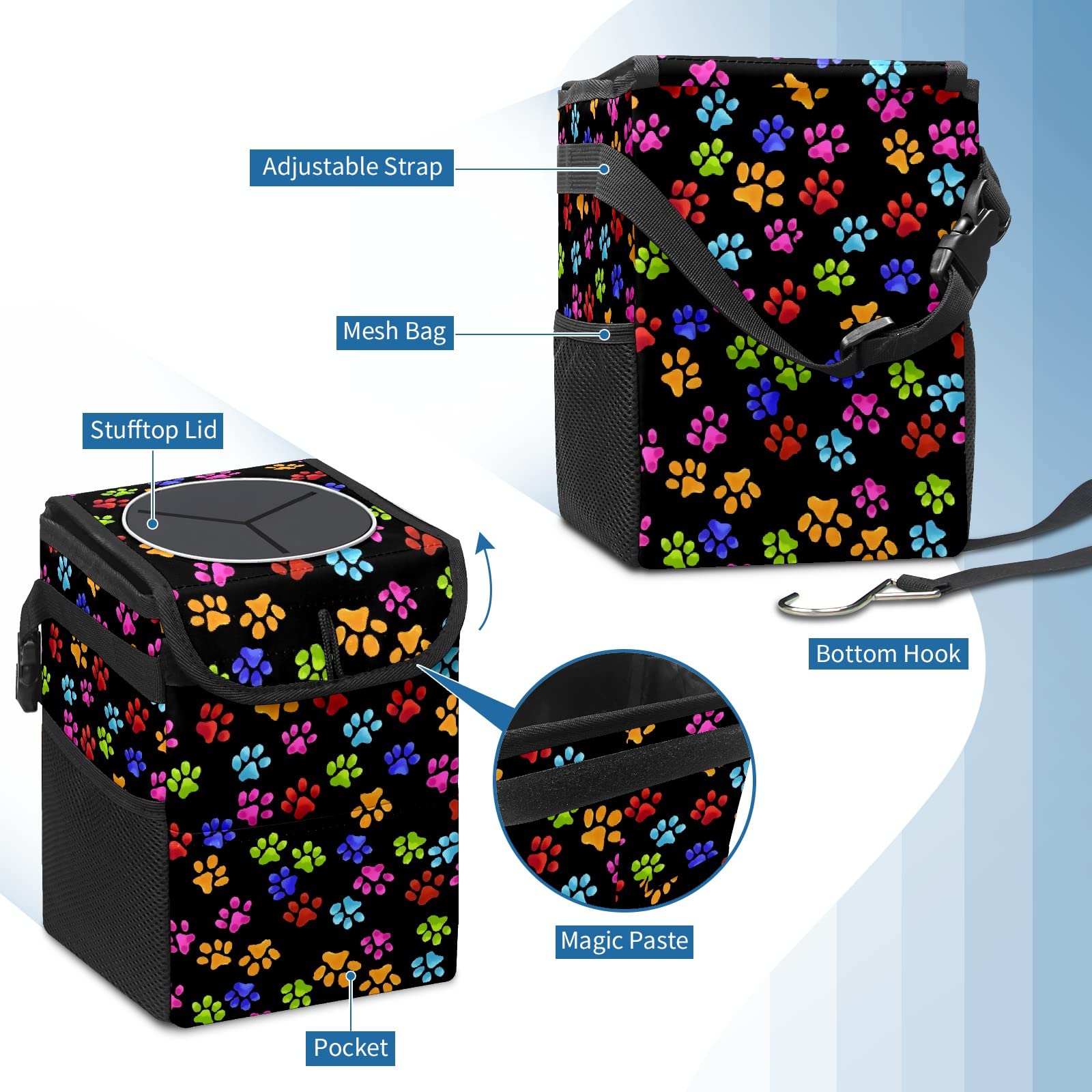 Gactivity Paws Cat And Dog Print Car Trash Can With Lid Collapsible Reusable Waterproof Car Garage Bag,Automotive Garbage Can,Car Accessories Interior Car Organizer