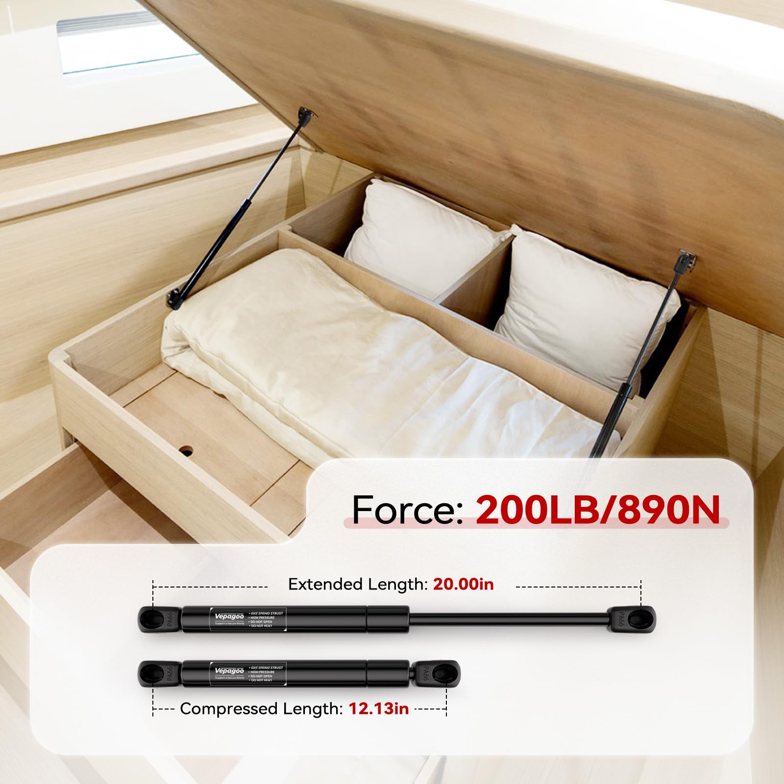 Vepagoo Gas Struts 20 Inch 200Lb/890N Shock Spring Lift Support For Rv Bed Heavy Lid Truck Cover Camper Trailer Door Mattress St