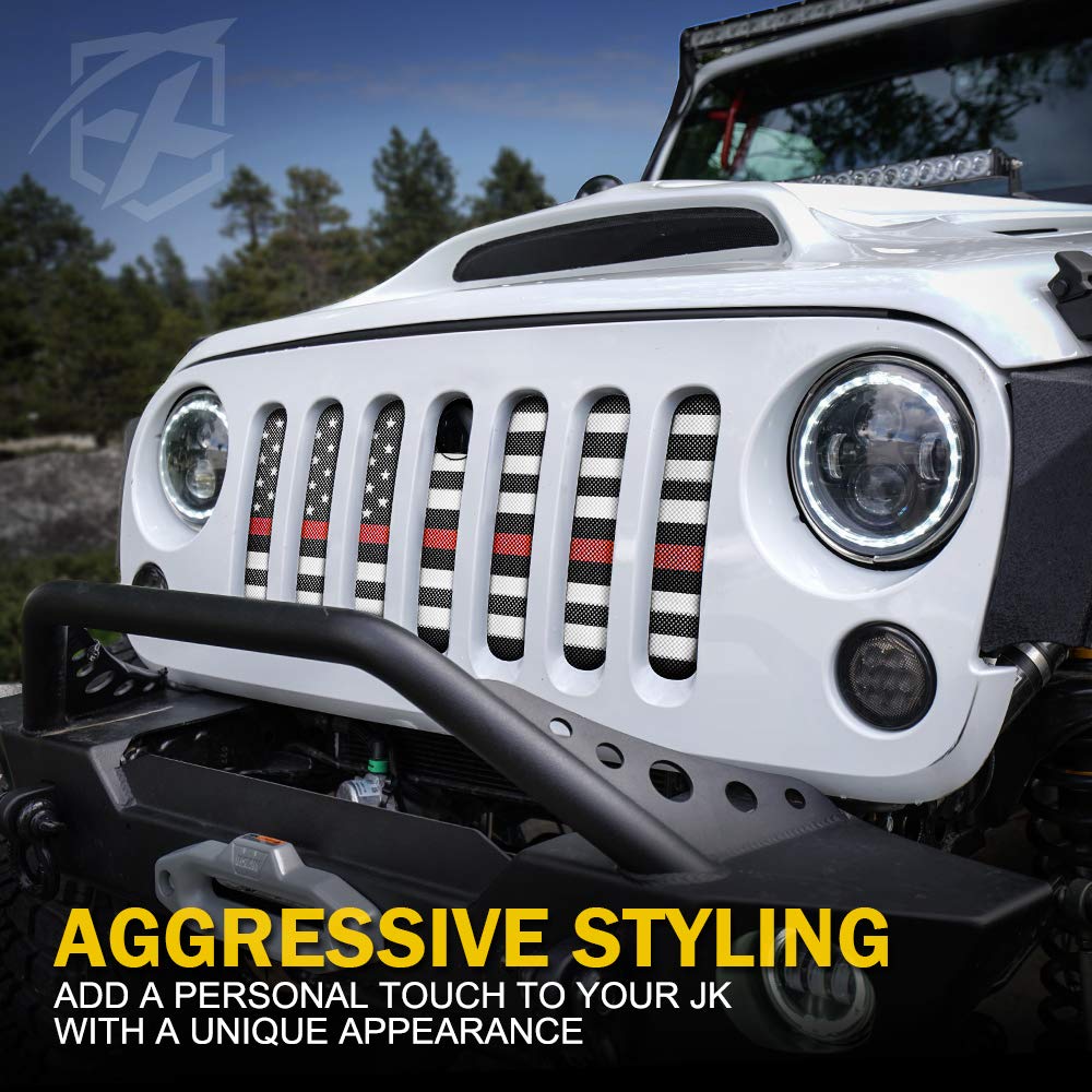 Xprite Aluminum Alloy Mesh Grill Insert With Hood Lock Hole & Firefighter Red Stripe, Compatible With 2007-2018 Jeep Wrangler Jk