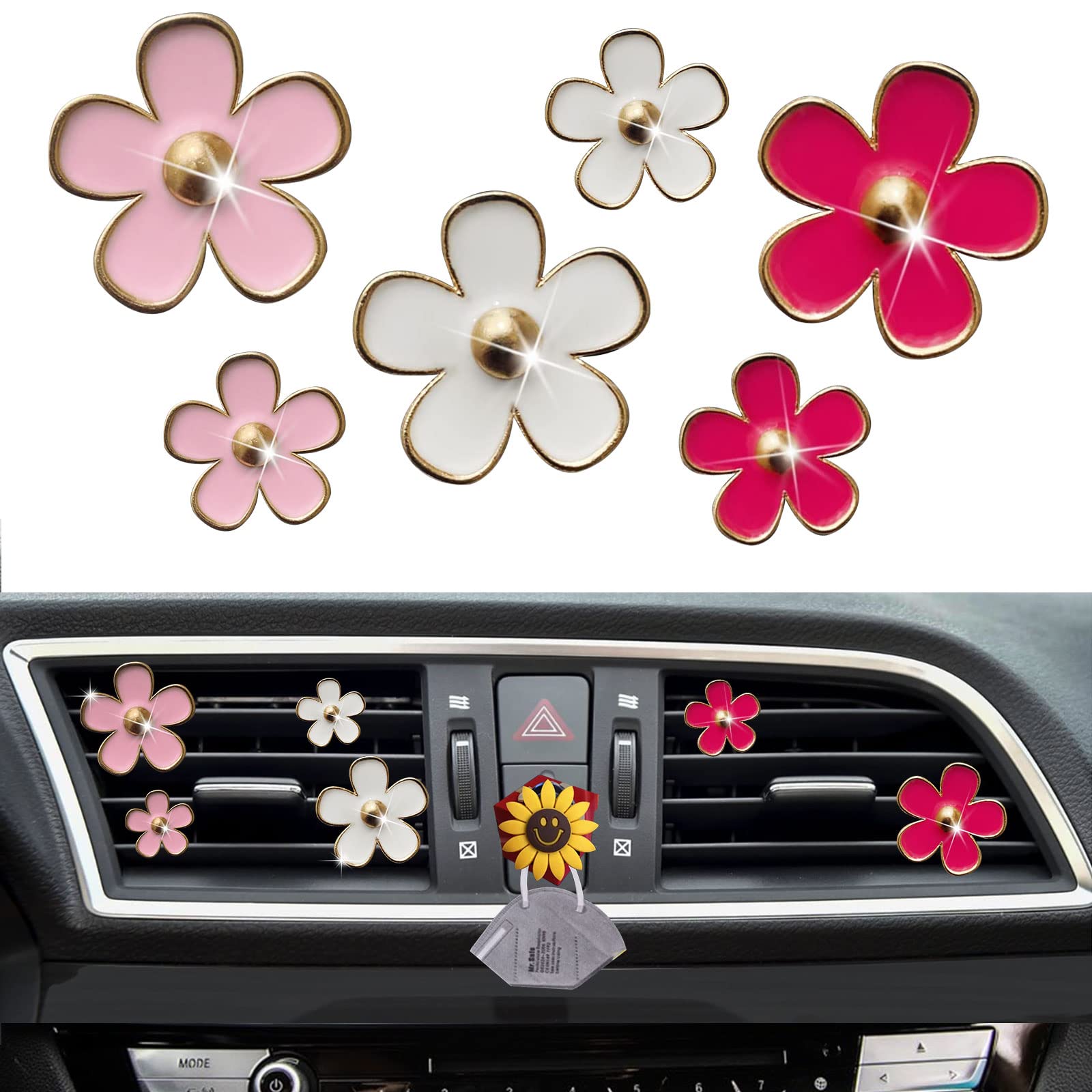 6 Pcs Daisy Air Vent Clips, Cute Flower Car Diffuser Vent Clips Car Air Fresheners Vent Clips Car Interior Decor Charm Car Decoration Cute Car Accessories For Women Girls + Mask Hook(Mixed Color)