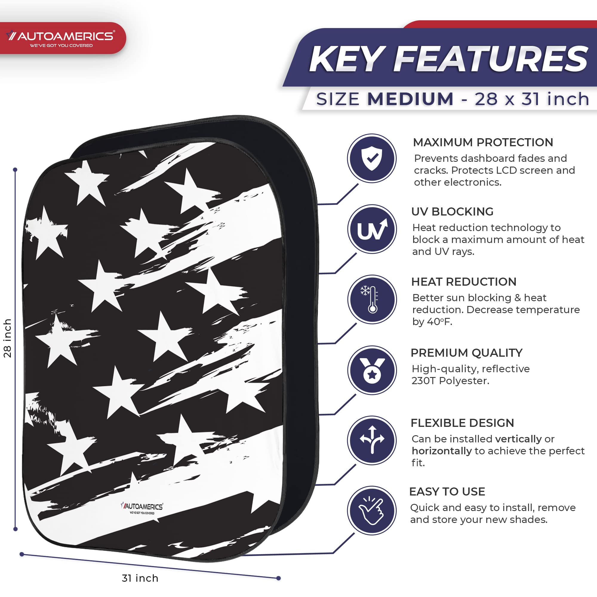 Autoamerics 2-Piece Windshield Sun Shade - B&W USA Flag Foldable Car Front Window Sunshade for Most Cars SUV Truck Heat Blocker