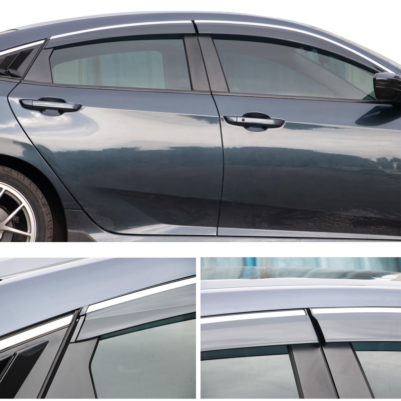 Ikon Motorsports Tape On External Window Visor, Compatible With 2016-2021 Civic 10Th Gen 4Dr Sedan, Factory Style Polycarbonate