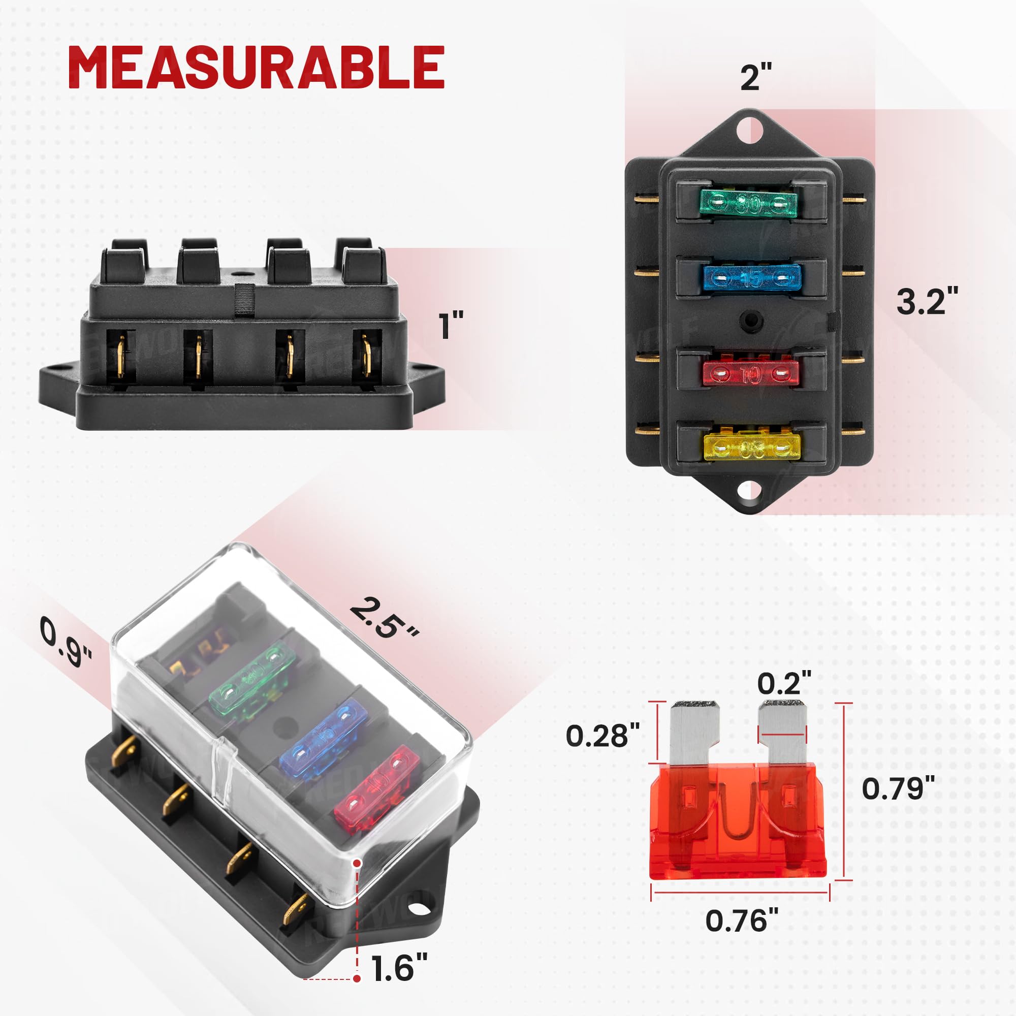 RED WOLF 4 Way Blade Fuse Block Box Holder w/Standard Circuit 10V-32V DC for Automotive Truck Boat Marine RV Van Vehicle Power D