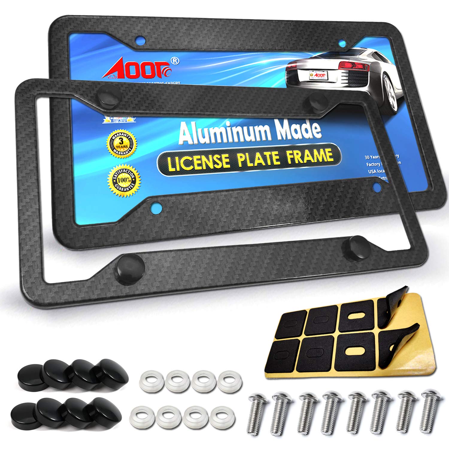 Aootf Carbon Fiber License Plate Frames-Metal Aluminum Plate Frames Front & Rear 2Pcs 4 Holes Black Car Tag Covers Holders With Stainless Steel Screw Caps