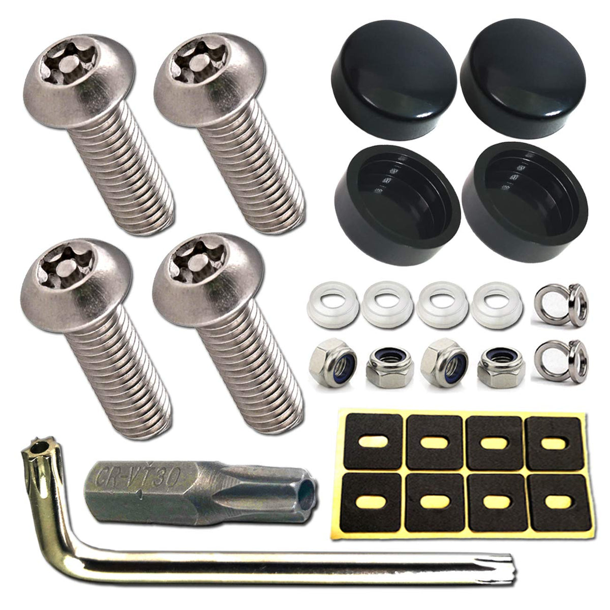 Aootf Anti Theft License Plate Screws- Rust Stainless Steel Plate Screw Resistant Security Tamper Resistant Machine License Plate Bolt License Plate Frame Fastener, Black Caps, Anti-Rattle Pad